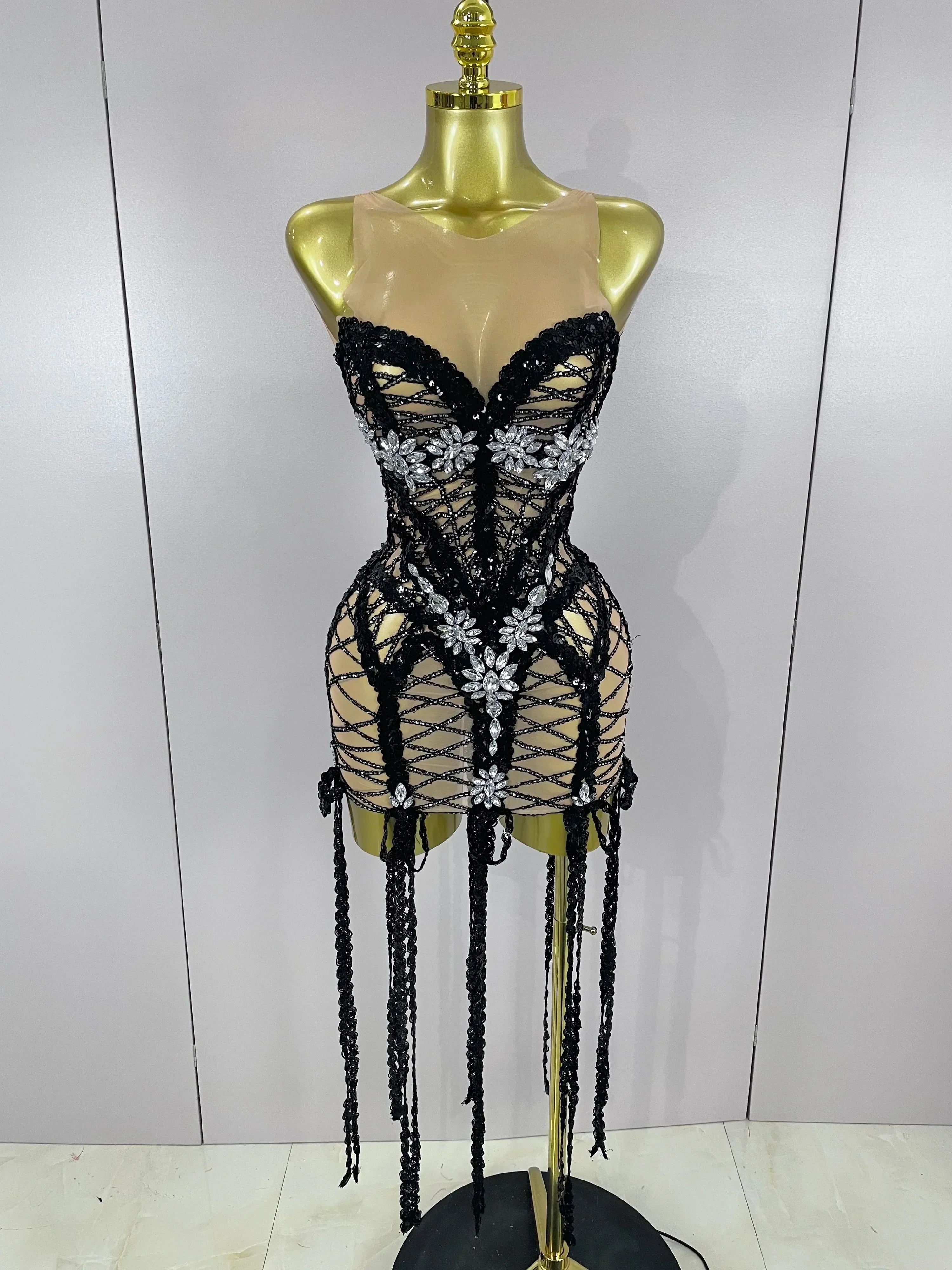 Sparkle Sequins Embroider Diamonds Sleeveless Long Tassel Mini Dress Women Celebrate Evening Birthday Dress Stage Costume black