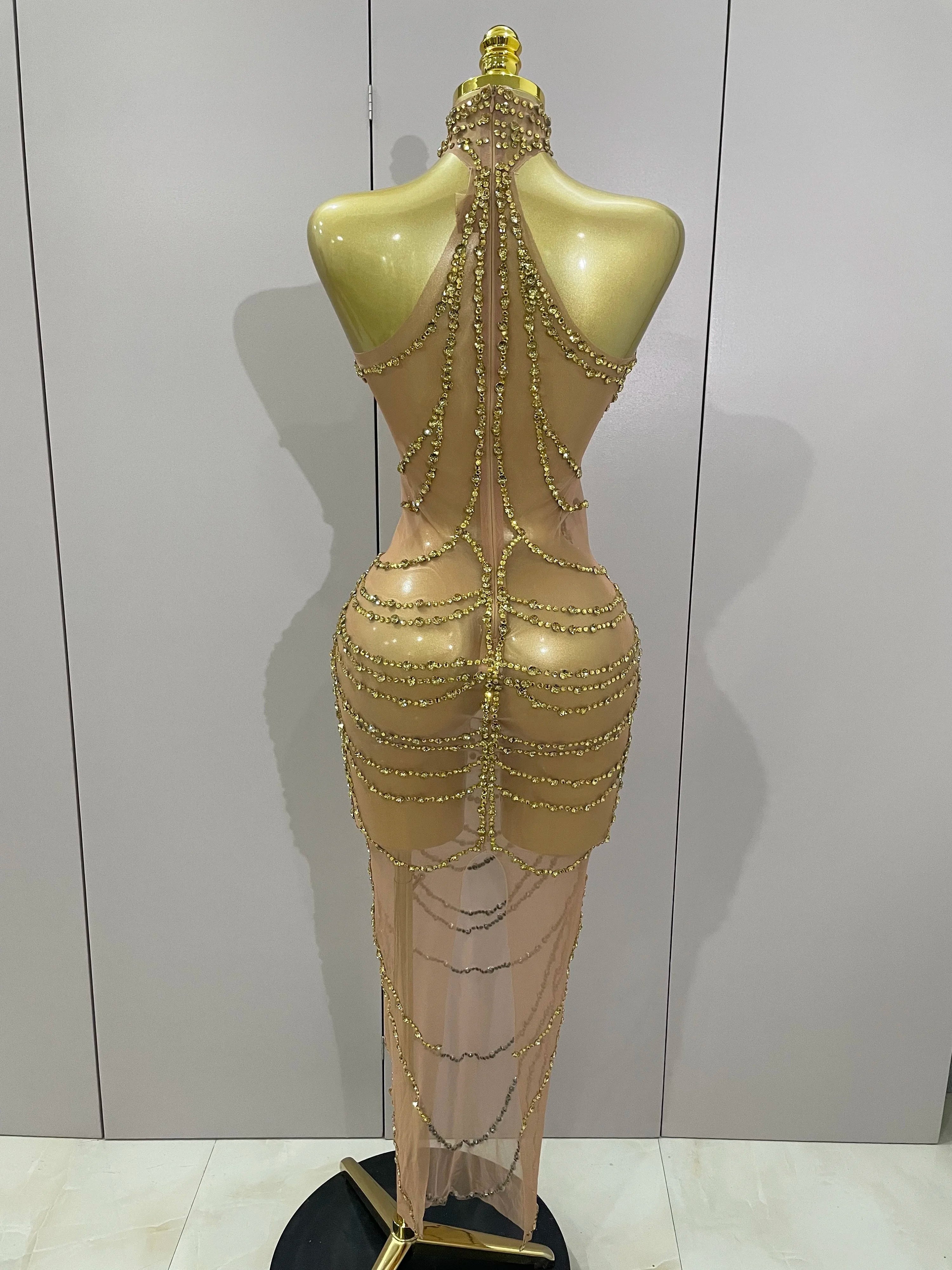Luxury Sparkly Gold Rhinestone Sexy Transparent Mesh Long Dress  Women Birthday Party Gown Stage Singer Performance Costume