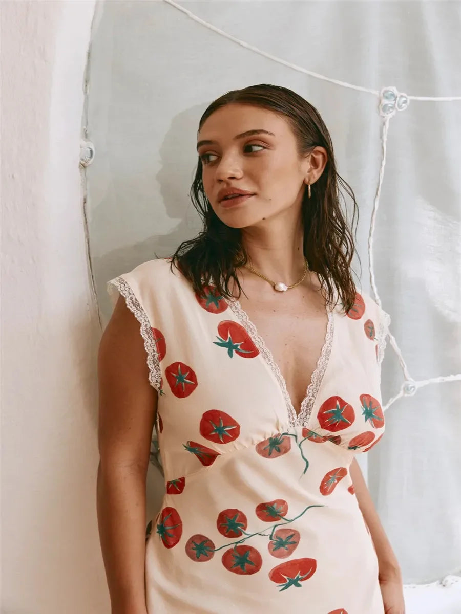 Vneck Laceup Sleeveless Floral Dress