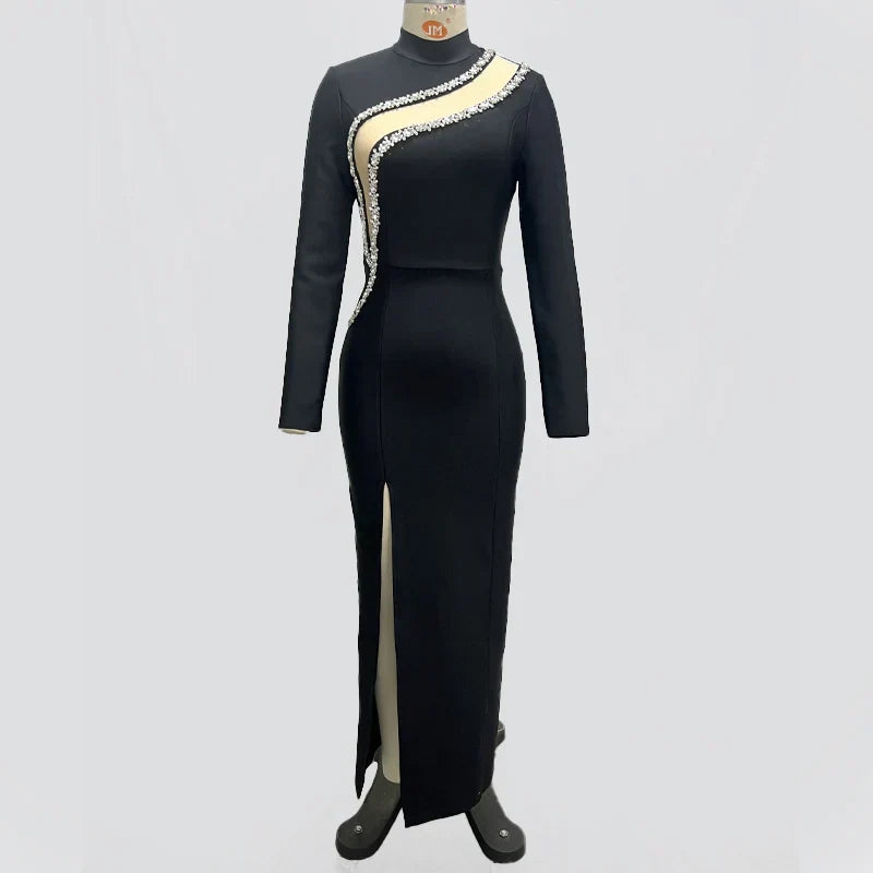 Black Color Women Long Sleeve Shinning Crystal Bodycon Bandage Long Dress Fashion Evening Party Celebrate Dress