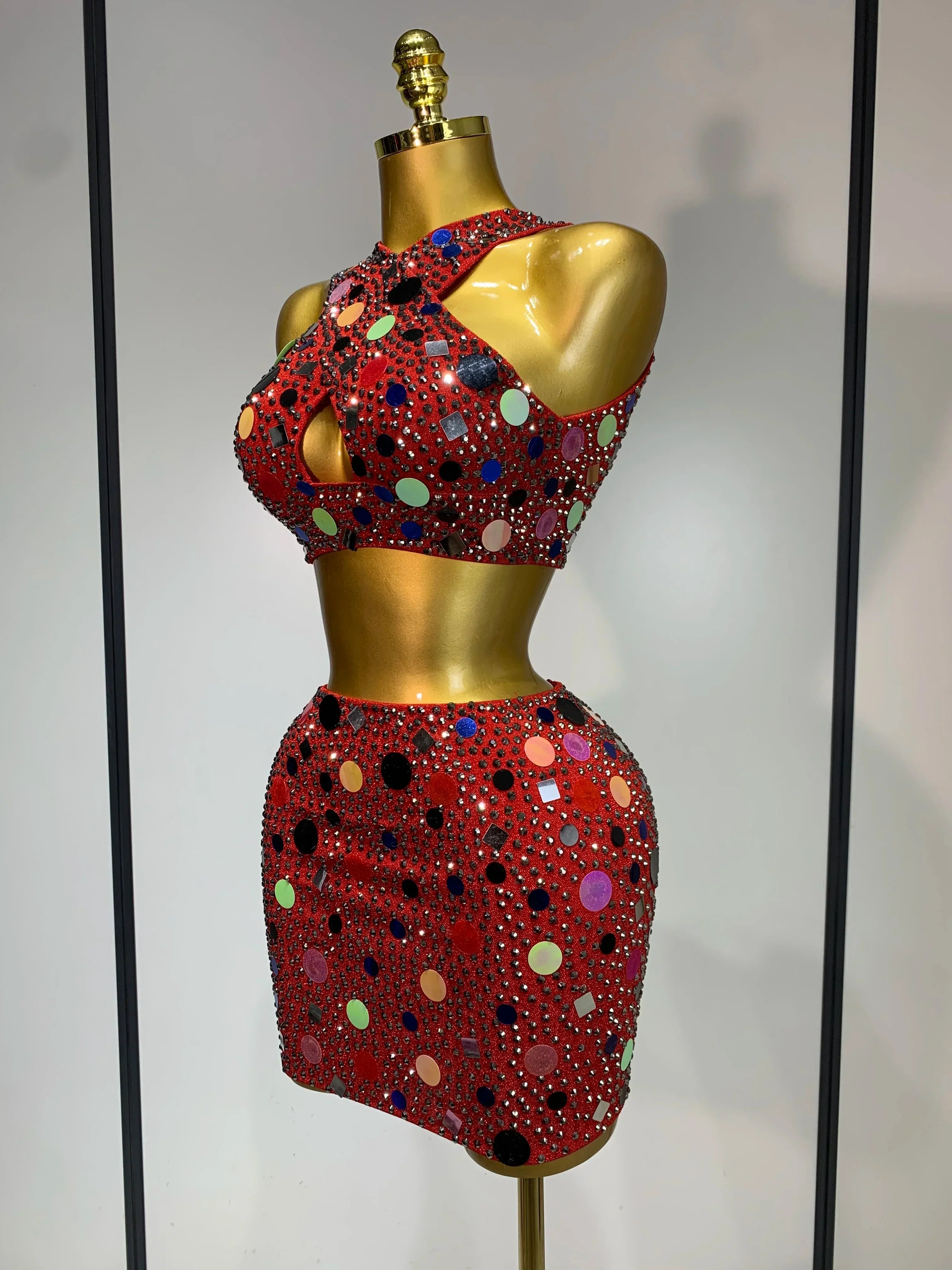 Luxury Rhinestone Sequin Sexy Two Piece Set  Fashion Nightclub Sparkly Perform Stage Costume Birthday Dress