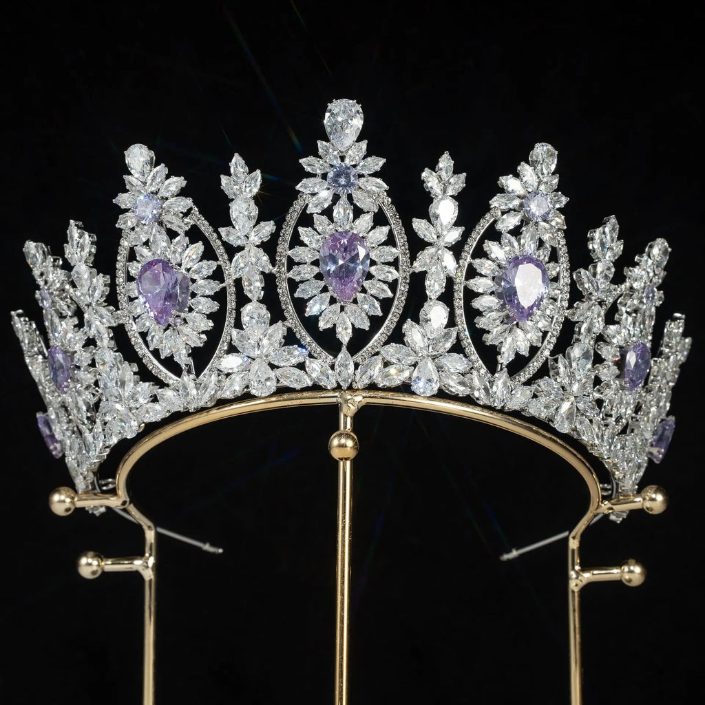 Bridal Hair Jewelry Red Zirconia Tiaras Crowns Zircon Headband Diadem Brides Women Pageant Prom Headpiece Wedding Accessories purple