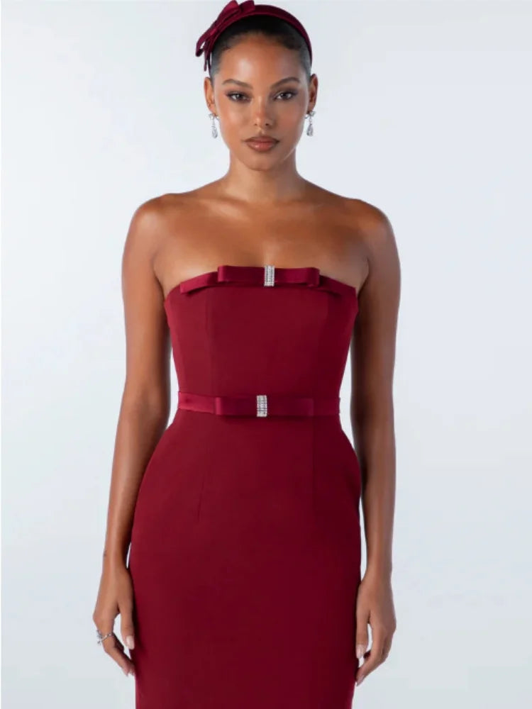 Women Sexy Strapless Bow Bodycon Mid-calf Dress Celebrate Birthday Party Date Cocktail Outfit High Quality