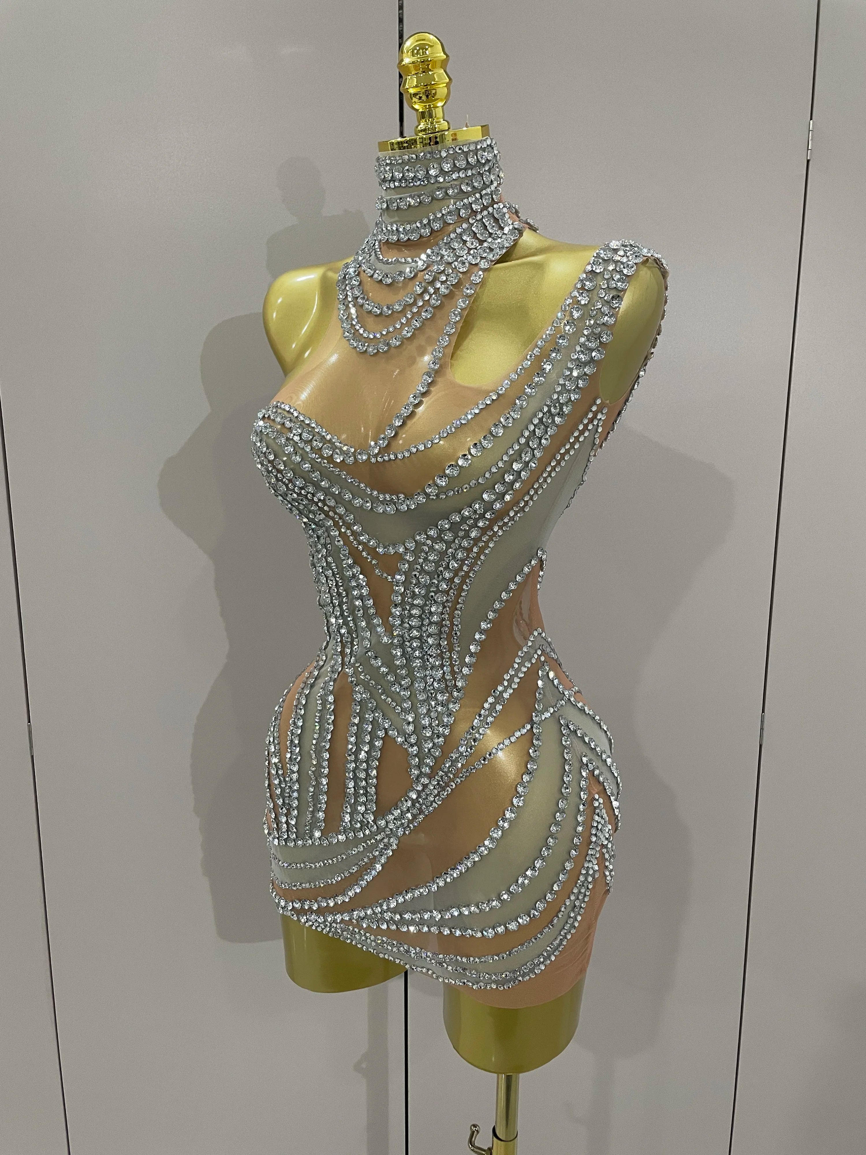 Luxury Sparkly Crystals See Through Mini Dress Women Celebrate Birthday Party Gowns Singer Performance Stretch Stage Costume