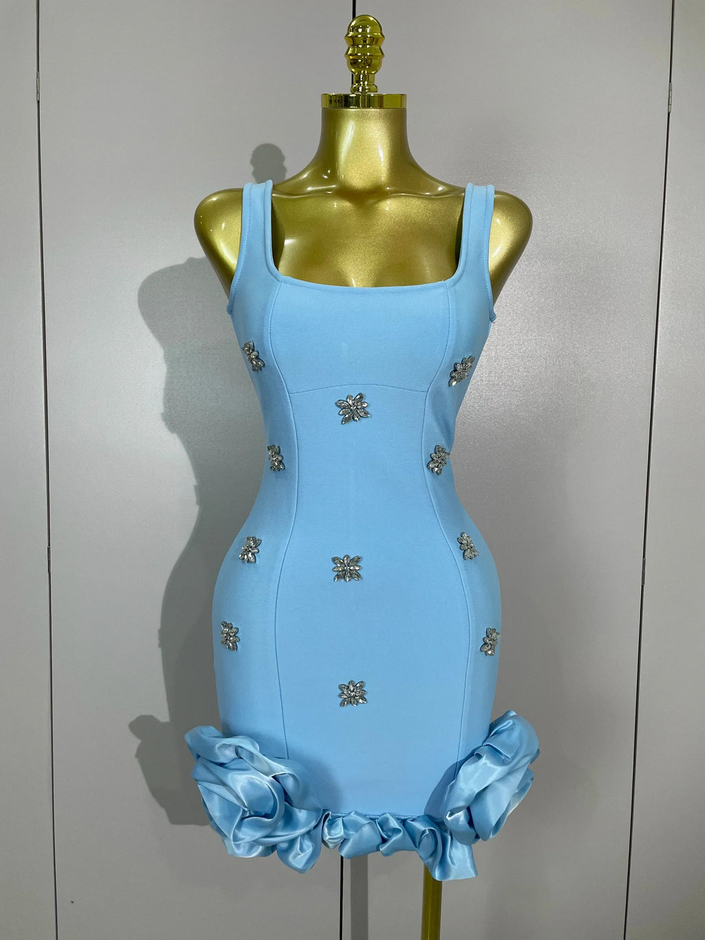 STyle Shining Crystal Women Sleeveless Bodycon Mini Bandage Dress Elegant Ruffles Cute Birthday Party Celebrate Dress SKY BLUE