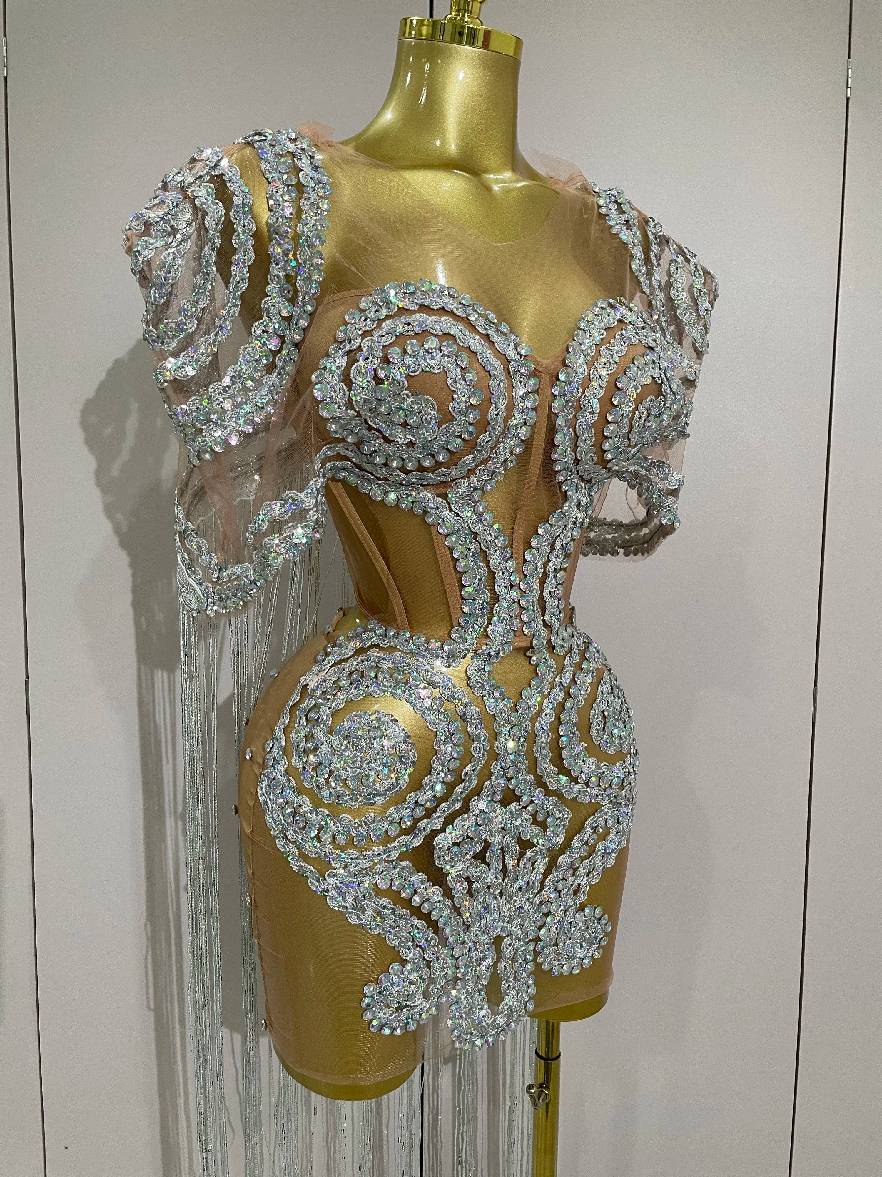 Sparkly Rhinestones Sequins Sexy Mesh Tassels Cape Short Dress  Women Evening Birthday Party Nightclub Stage Costume
