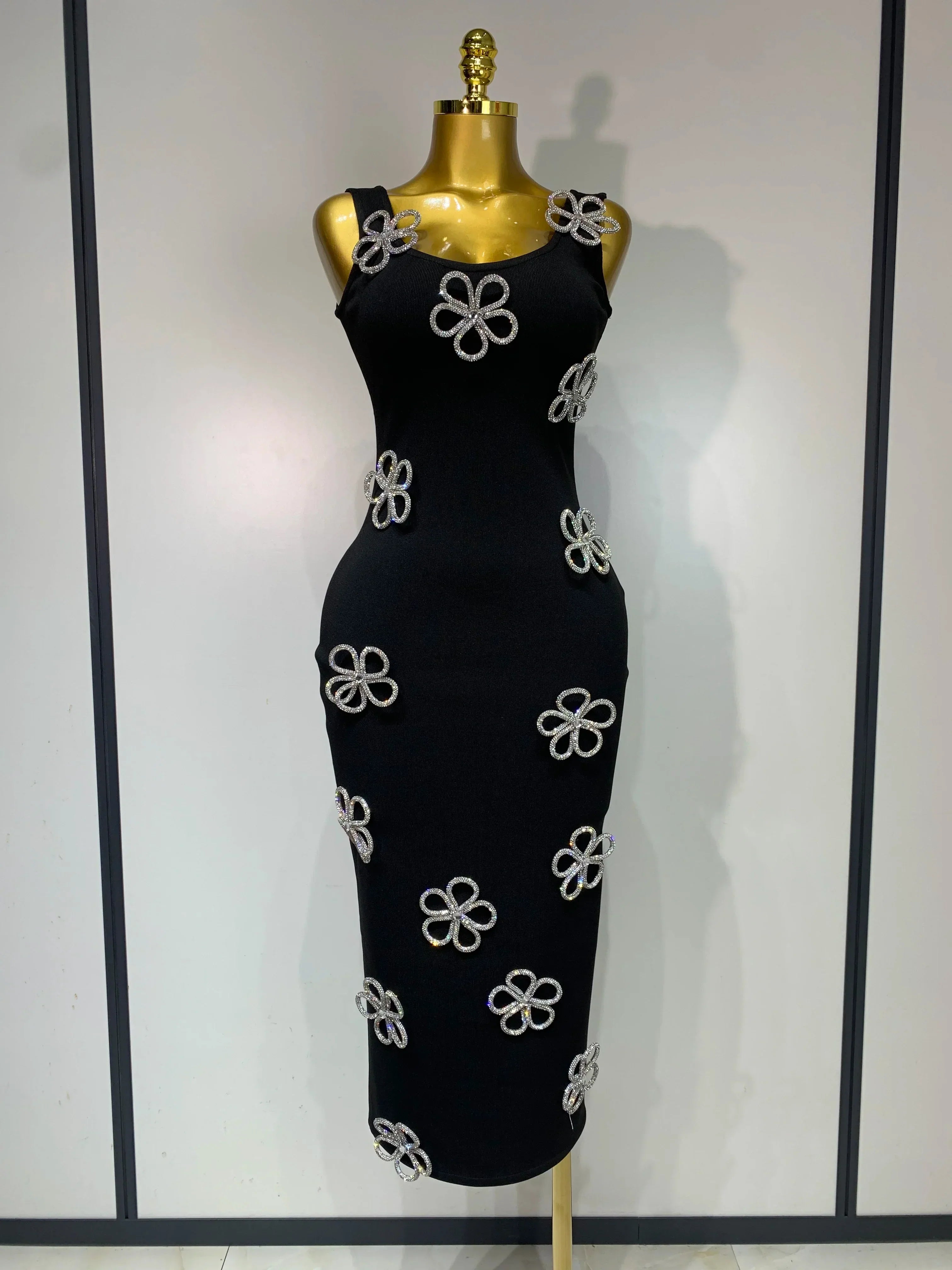 Women Celebrity Sexy Diamonds Flower Black Long Bodycon Bandage Dress Elegant Evening Club Party Luxury Birthday Dresses black