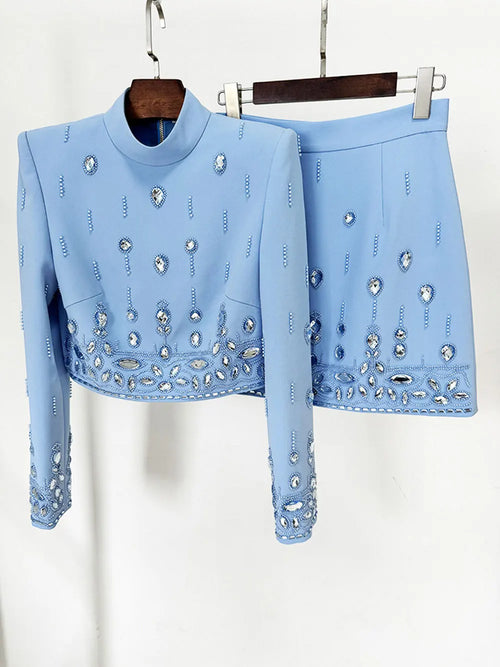Autumn Elegant Women's Nail Pearl Water Diamond Blue Skirt Sets O-neck Long Sleeve Hoodie Top+Mini Skirt Two Piece Set SKY BLUE