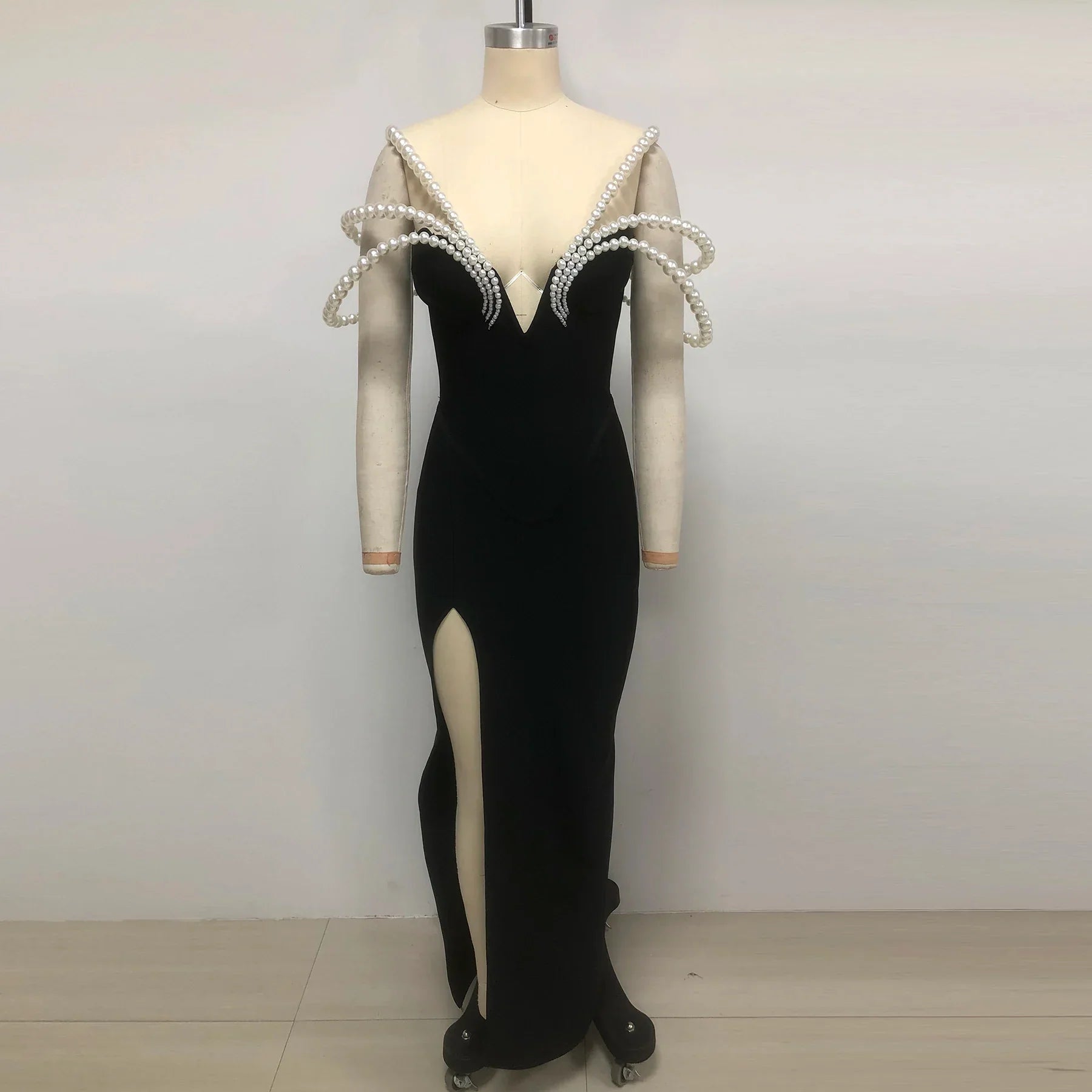 Arrival Women Sexy Big Pearl Beading Strapless Bodycon Long Bandage Dress Celebrate Evening Party Birthday Outfit