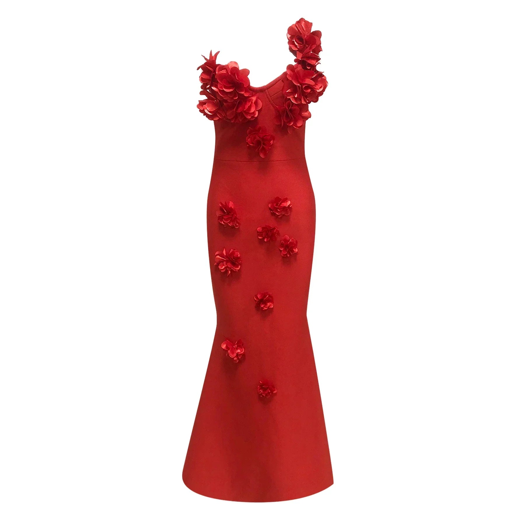 Red Color Women Sexy One Shoulder Florals Fashion Bodycon Long Bandage Dress Wedding Party Celebrate Birthday Cocktail Outfit Red