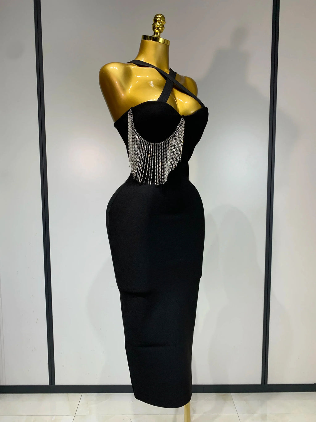 Women Sexy Diamonds Tassel Crystal Midi Black Bodycon Bandage Dress  Elegant Evening Party Luxury Birthday Dresses Vestido