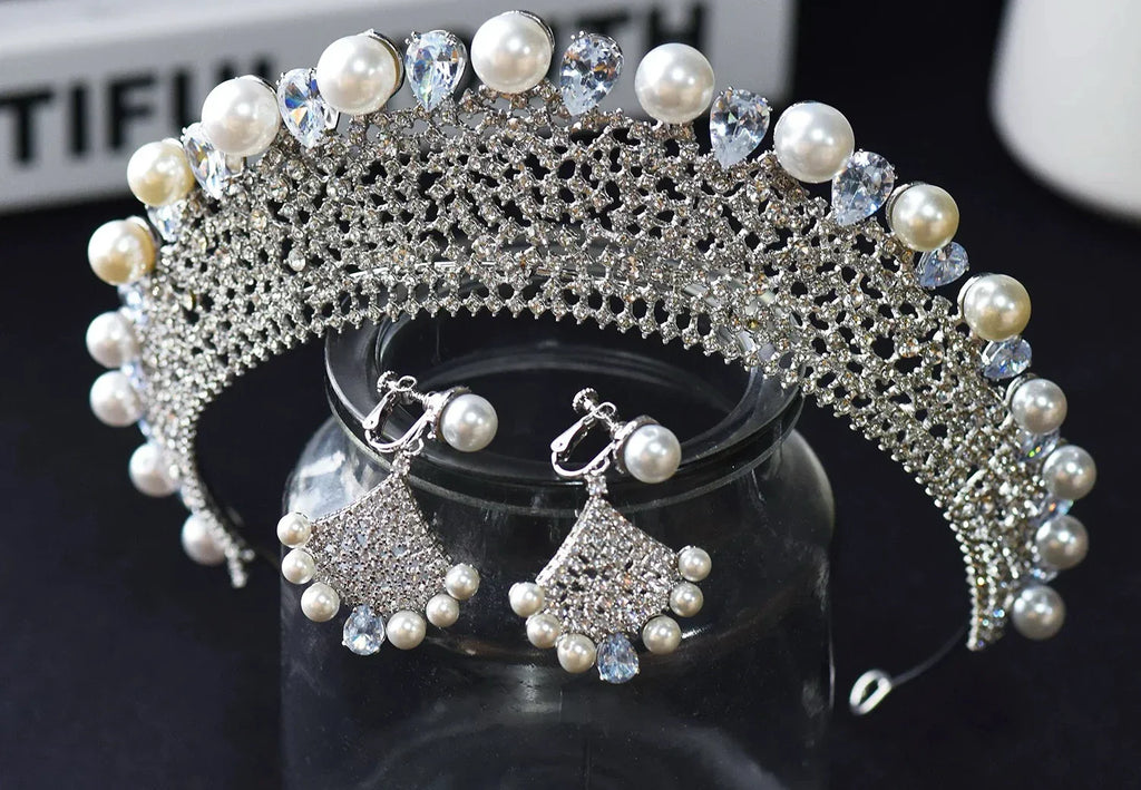 Crystal Pearl Tiaras and Crowns Zircon Diadem For Bride Women Prom Pageant Headband Wedding Hair Accessories Bridal Jewelry