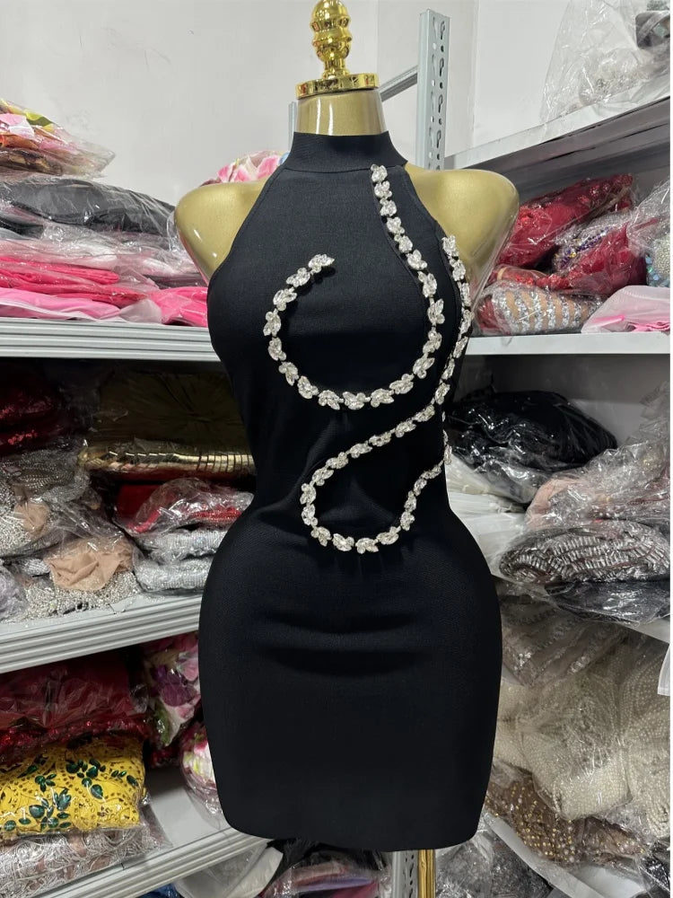 Red Black Color Women Sexy Off the Shoulder Shinning Crystal Bodycon Mini Bandage Dress Nightclub Party Bar Singer Birthday Wear black