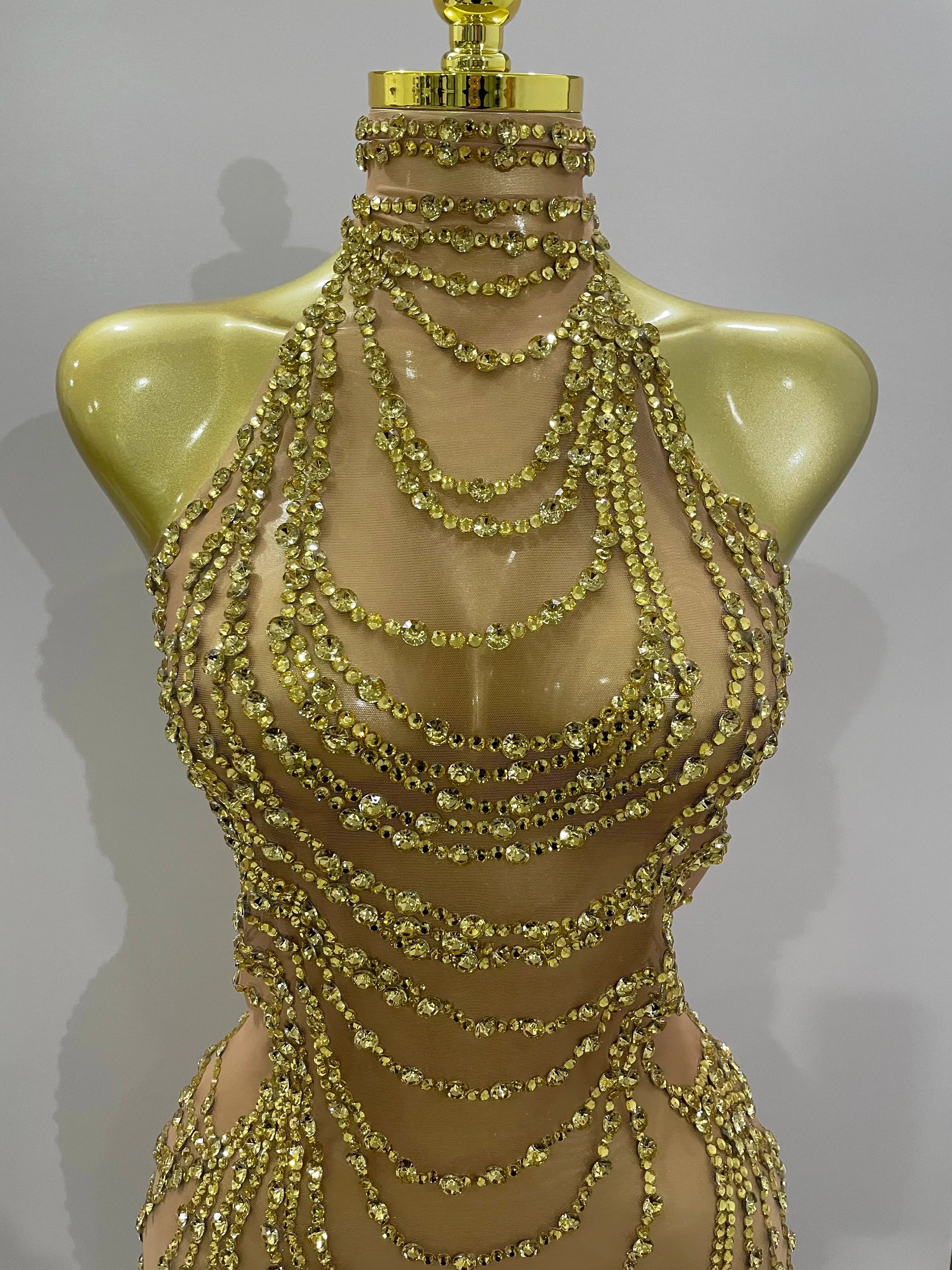 Luxury Sparkly Gold Rhinestone Sexy Transparent Mesh Long Dress  Women Birthday Party Gown Stage Singer Performance Costume