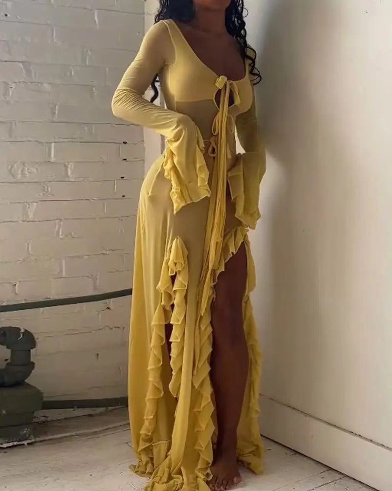 Ruffled Slit Vneck Maxi Dress