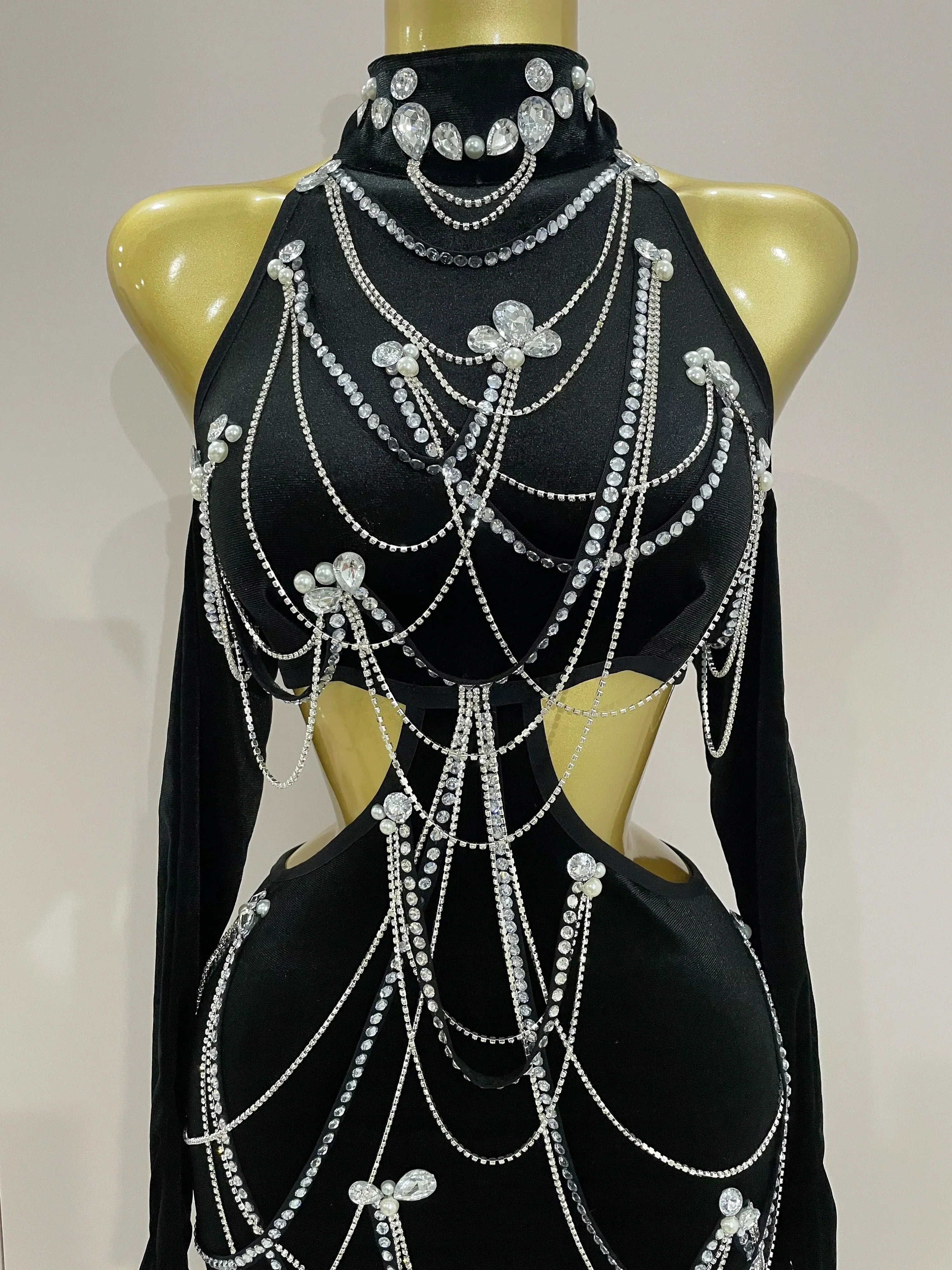 Women Sparkly Diamonds Tassels Chain Balck Sexy Halter Backless Long Dress Evening Birthday Party Celebrate Stage Costume