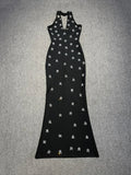 Women Sleeveless Sexy Halter Off the Shoulder Shinning Crystal Bodycon Long Bandage Dress Celebrate Evening Outfit black