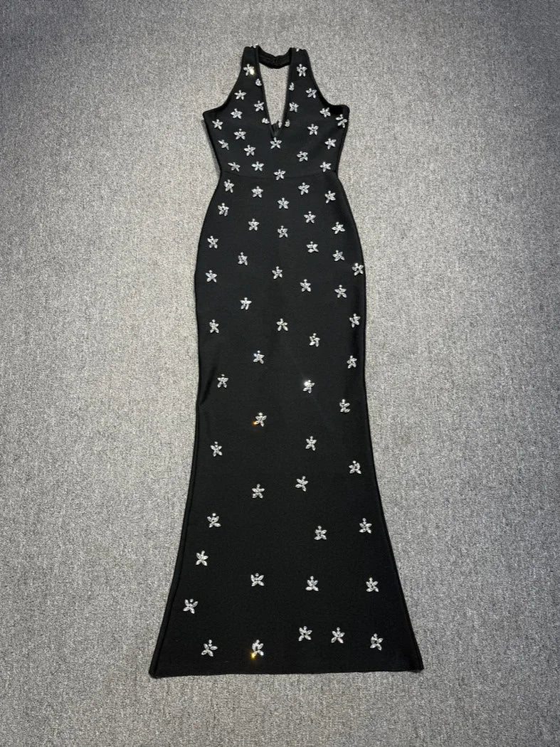 Women Sleeveless Sexy Halter Off the Shoulder Shinning Crystal Bodycon Long Bandage Dress Celebrate Evening Outfit black