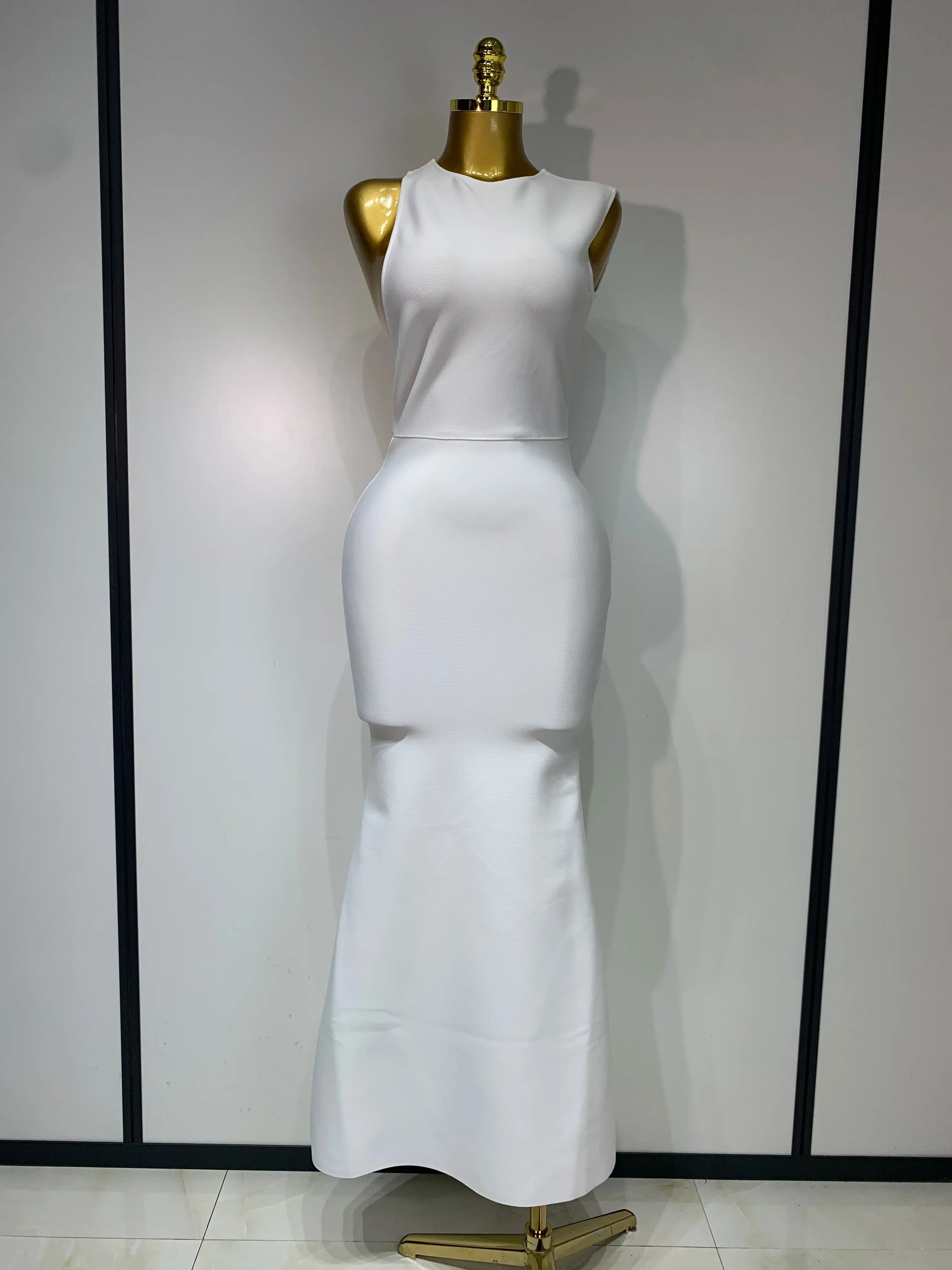 Women Sexy Backless Design Sleeveless Bodycon Bandage Dress Celebrity Elegant Evening Club Party Luxury Birthday Dresses WHITE