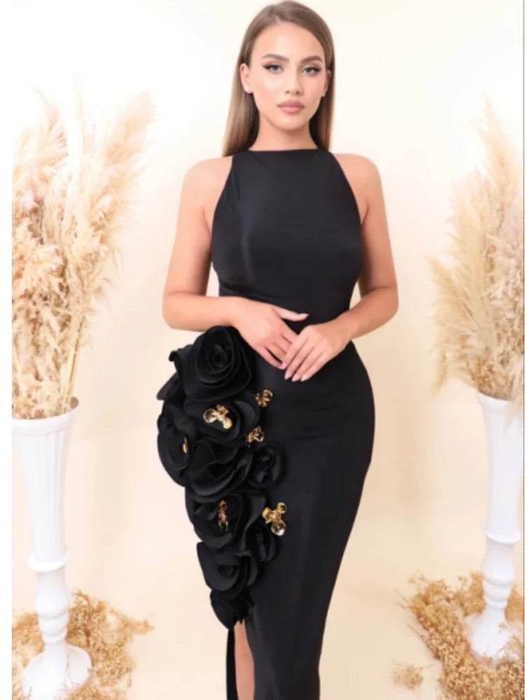 Women Sleeveless Sexy O-Neck Florals Bodycon Bandage Long Dress Celebrate Evening Party Nightclub Birthday Dress
