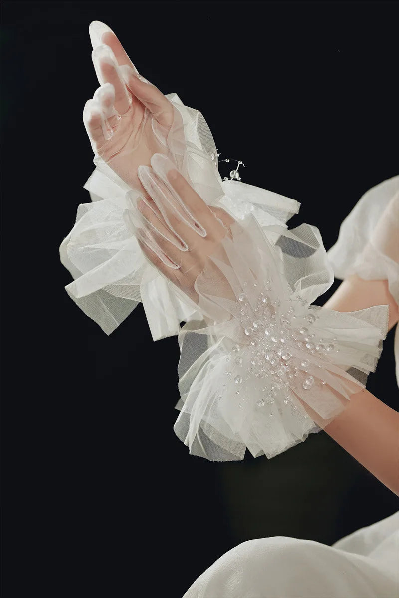 Lace Short Pearls Bridal Gloves Wristband Wedding Glove For Women Girl Party Evening Dress Jewelry Brides Accessories a