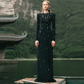 Women Long Sleeve Shinning Crystal Bodycon Long Bandage Dress Elegant Evening Party Occation Celebrate Outfit black
