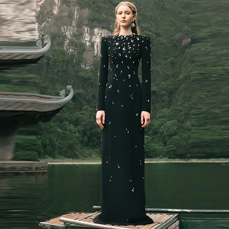 Women Long Sleeve Shinning Crystal Bodycon Long Bandage Dress Elegant Evening Party Occation Celebrate Outfit black