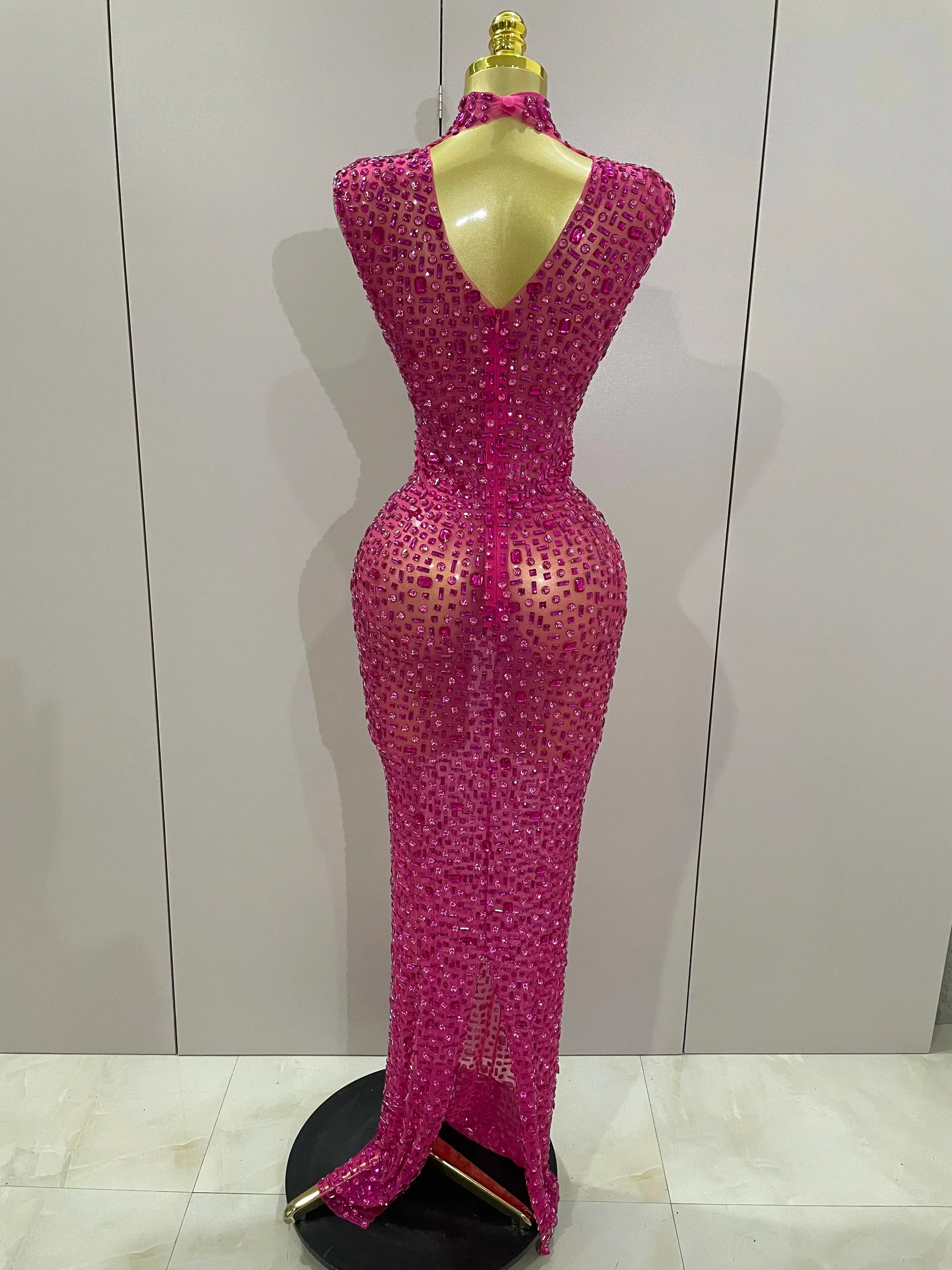 Sexy Sparkly Crystal Diamonds Mesh See Through Long Dress  Women Elegant Party Costume Singer Stage Performance Outfit