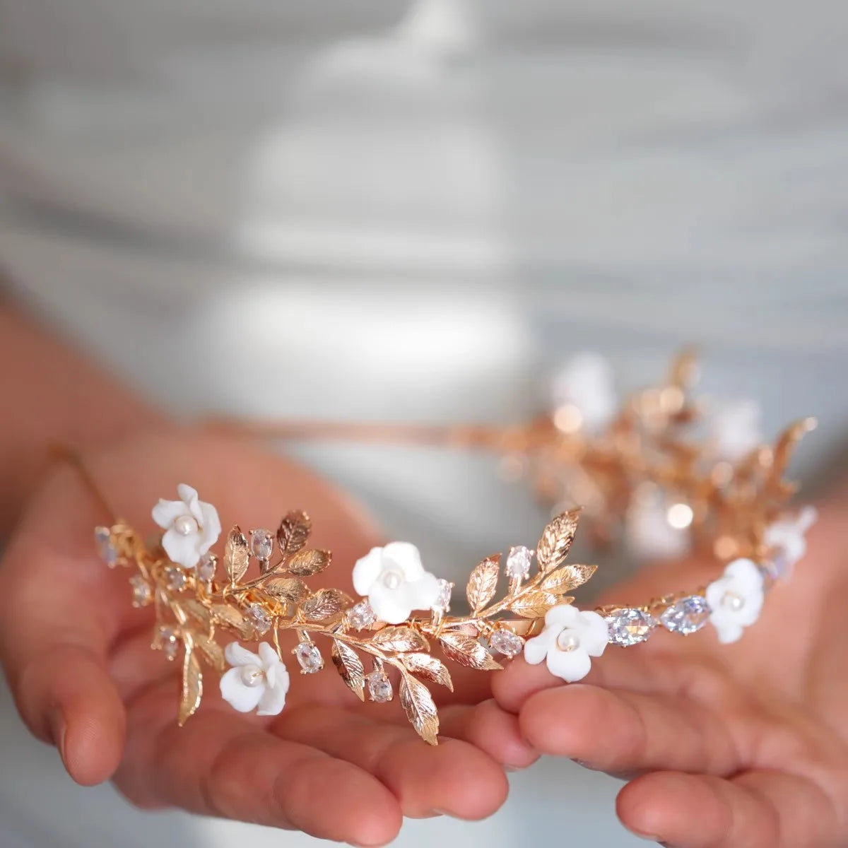 Bridal Hair Jewelry Porcelain Flower Headband Tiara Gold Color Leaf Headpiece For Brides Rhinestones Crown Wedding Accessories