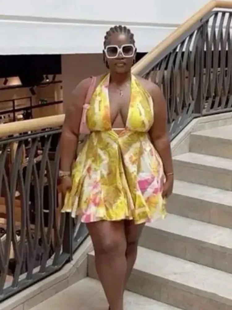 TieDye Halter Ruffle Hem Bandage Mini Dress