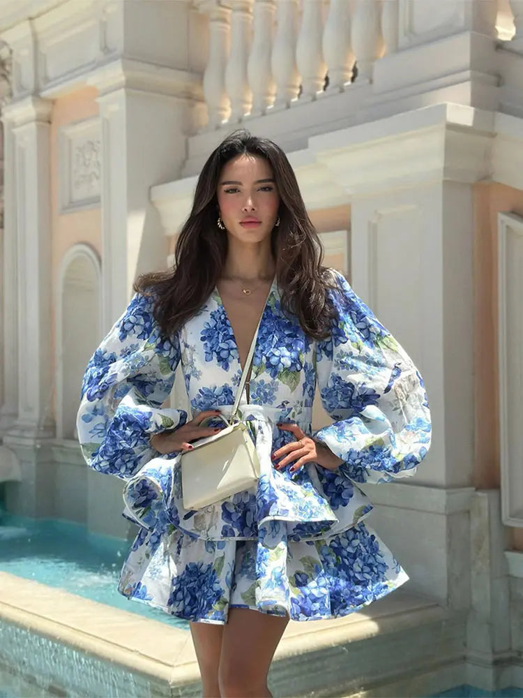 Tiedye Deep V Neck Flare Sleeve Floral Dress