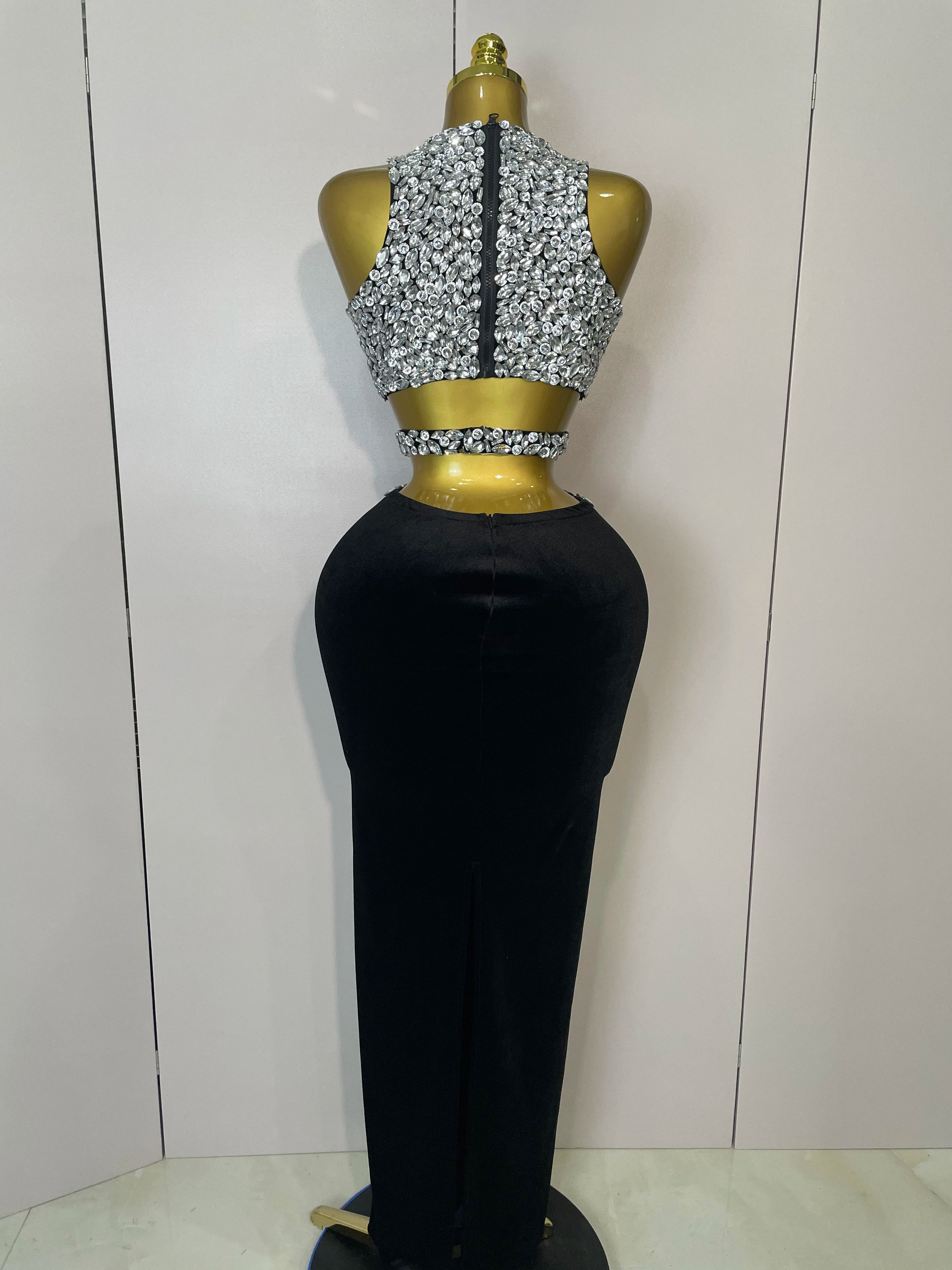 Women Sparkly Rhinestone Two-piece Set Sexy Velvet Singer Nightclub Outfit Celebrate Birthday Elegant Party Dresses