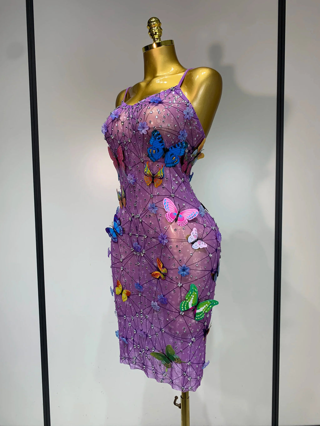 Sparkly Women Sexy Mesh See Through Dress Butterfly Purple Celebrity Luxury Birthday Nightclub Stage Outfit