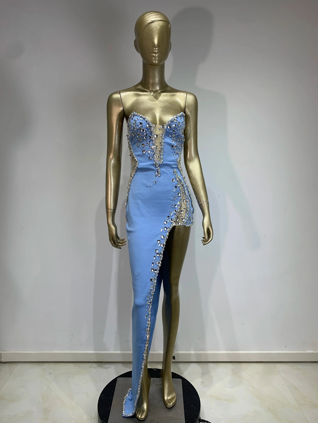 Women Sexy Strapless Shinning Rhinestones Bodycon Bandage Long Dress Fashion Celebrate Evening Party Vestido SKY BLUE