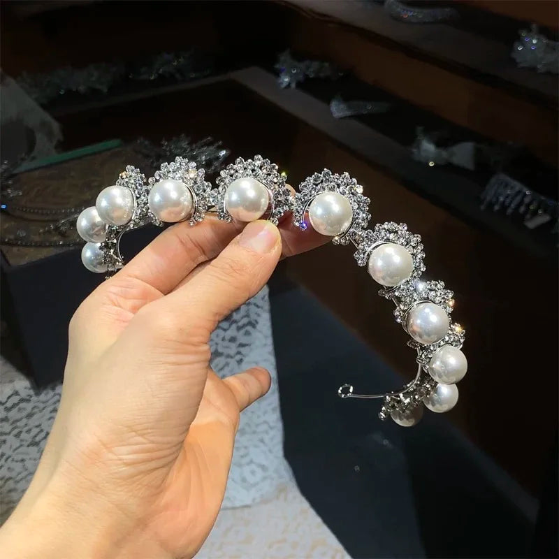Bridal Hair Jewelry  Crystal Pearl Tiaras and Crowns Rhinestones Diadem For Bride Princess Queen Headband Wedding Accessories