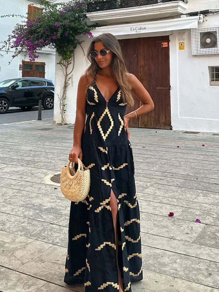 Sexy Backless Women Print Halter Maxi Dress Fashion Deep V neck High Waist Split Dresses Summer Lady Loose High Street Robe