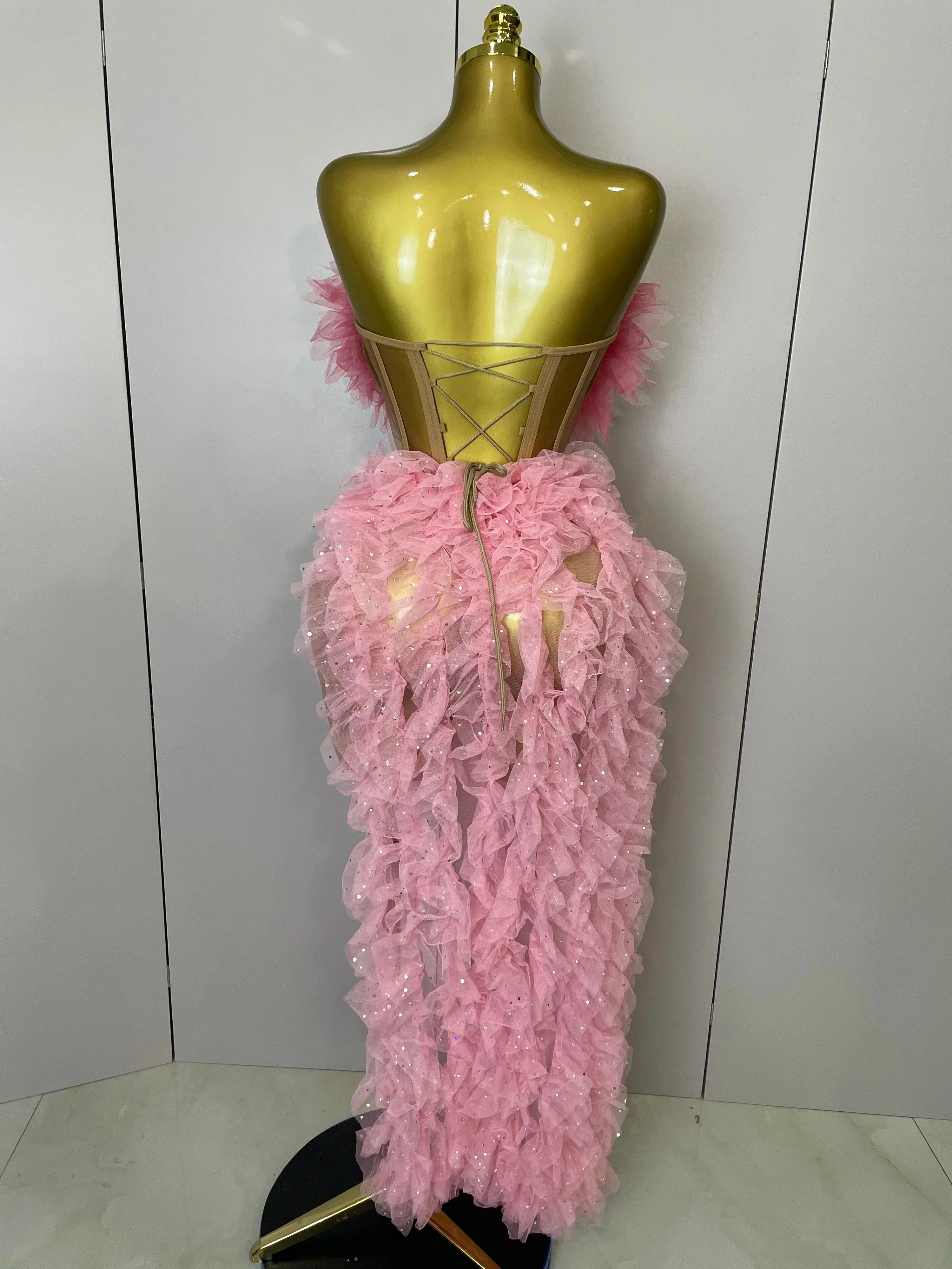 Women Pink Ruffles Sexy Strapless Mini Tops 2 PCS Set Dress Nightclub Bar Birthday Party Evening Stage Performance Costume