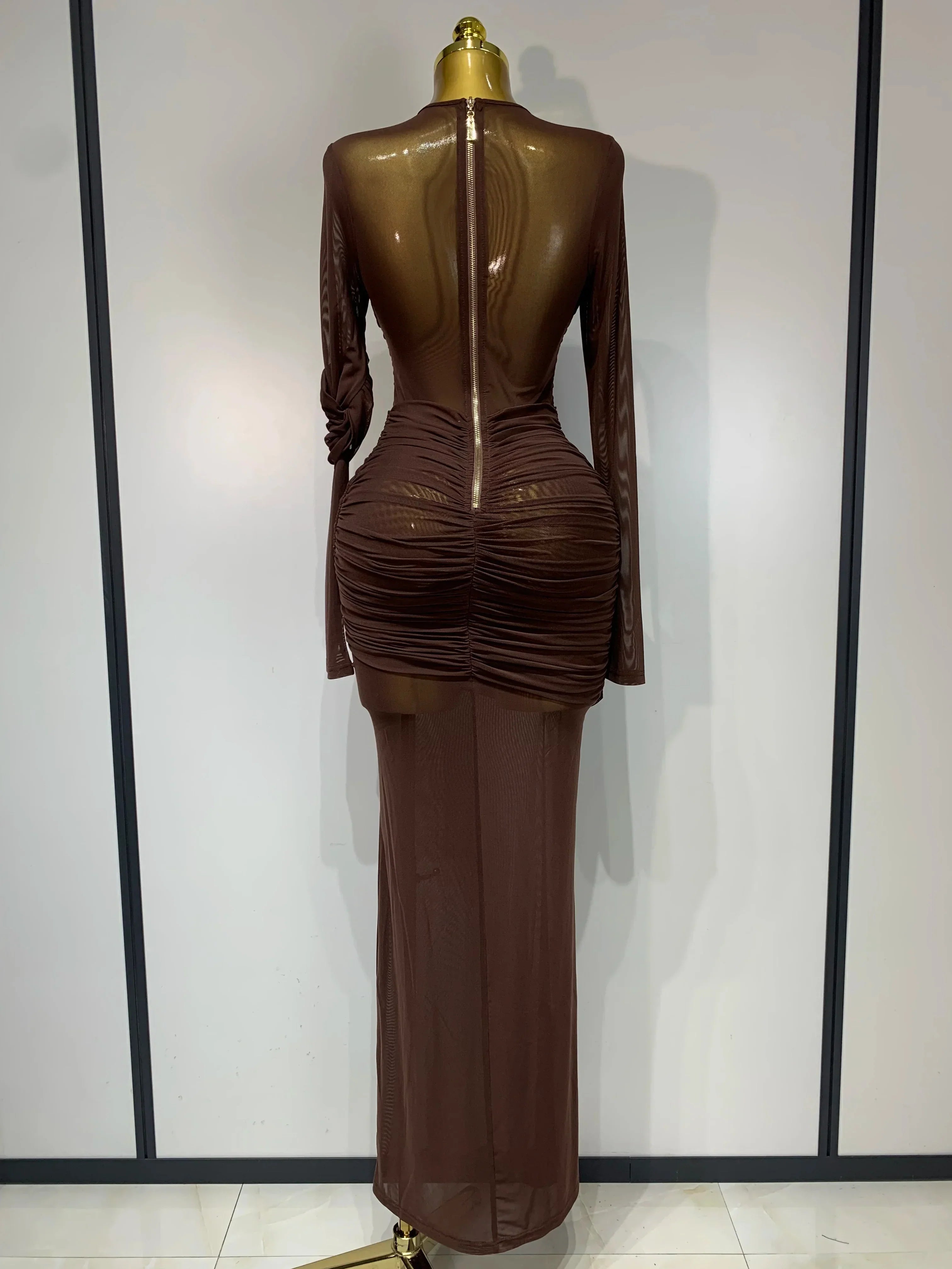 Elegant Brown Mesh Fold Long Sleeve Bodycon Dress Women  Evening Party Club Sexy Perspective Fashion Luxury Birthday Dresses