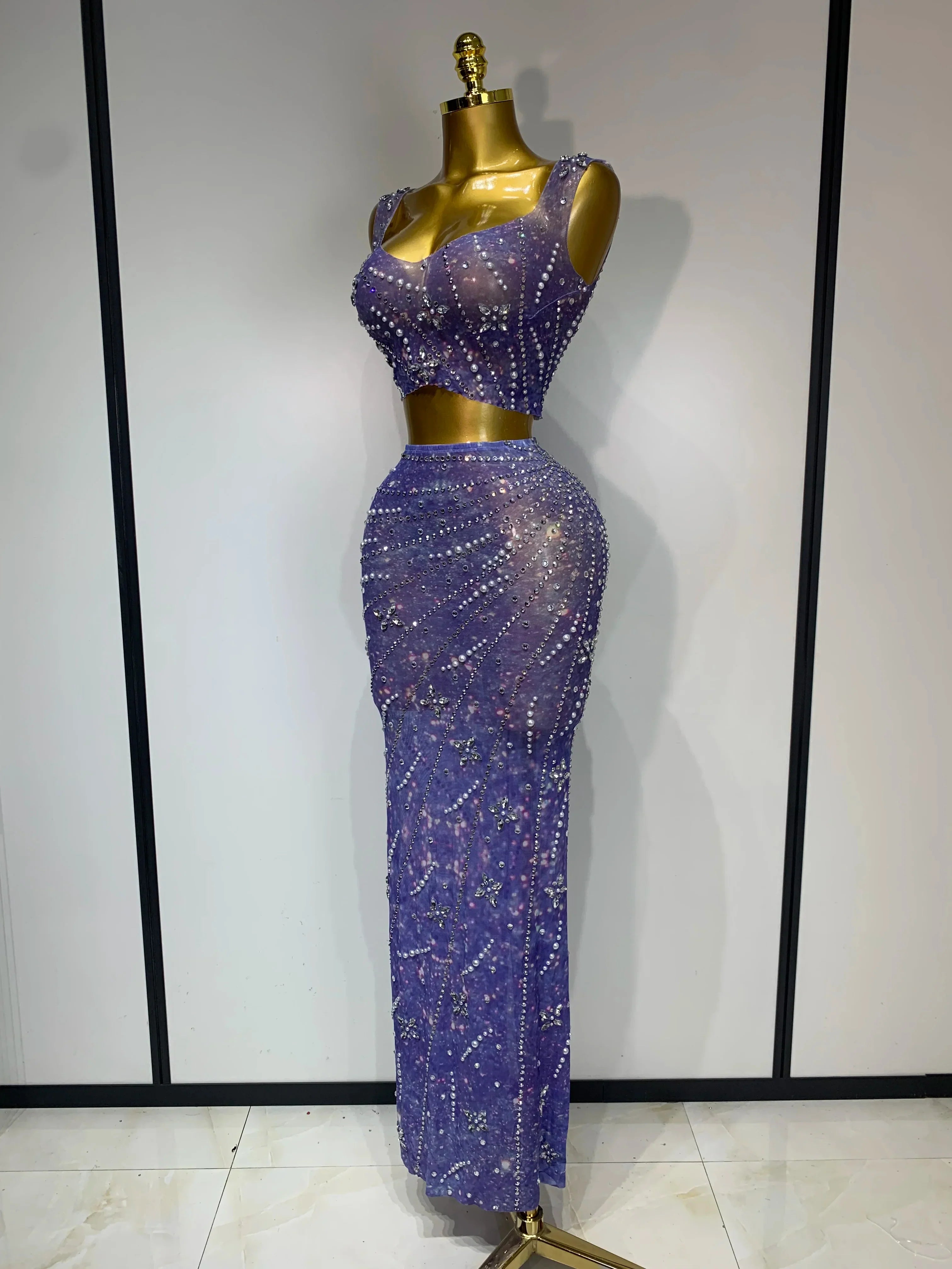 Sparkly Rhinestones Top Long Skirt Two Pieces Set Women Celebirty Luxury Birthday Dress Nightclub Stage Performance Costume