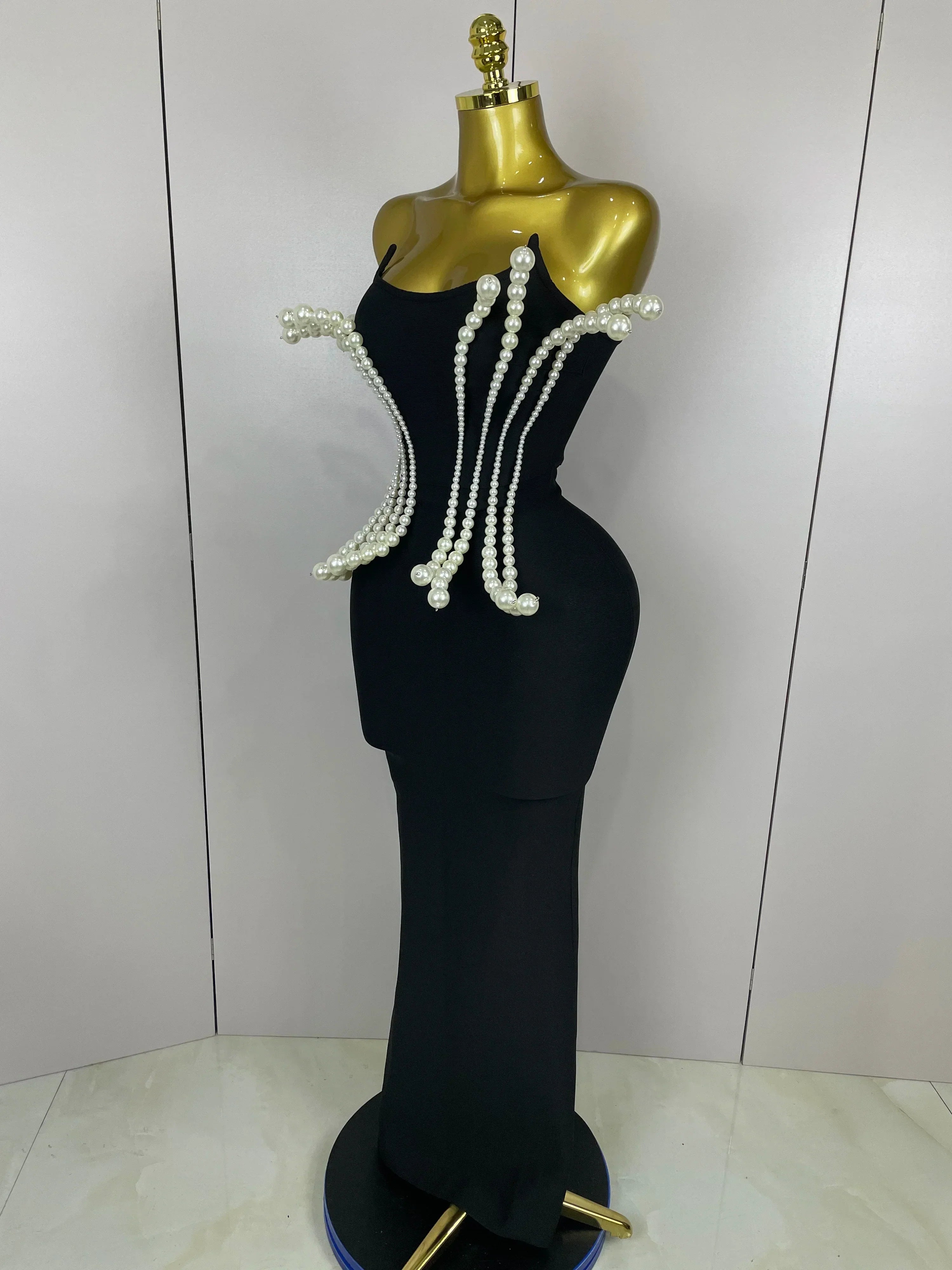 Sexy Strapless Pearl Beading Bodycon Long Bandage Dress  Women Fashion Elegant Evening Party Luxury Birthday Dresses