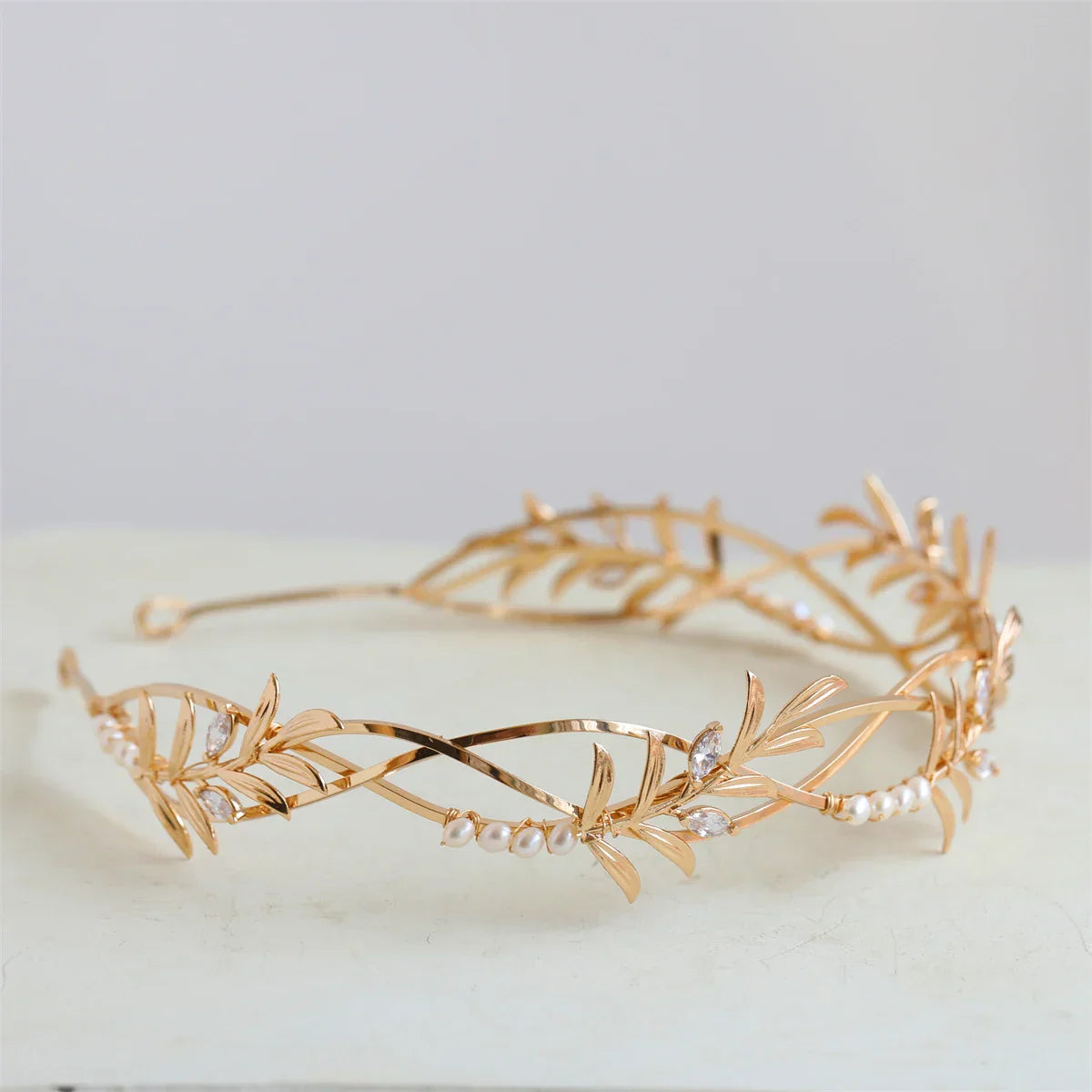 Bridal Hair Jewelry Vintage Gold Color Tiara Pearl Zircon Headband Headpiece Brides Leaf Hairband Headwear Wedding Accessories a