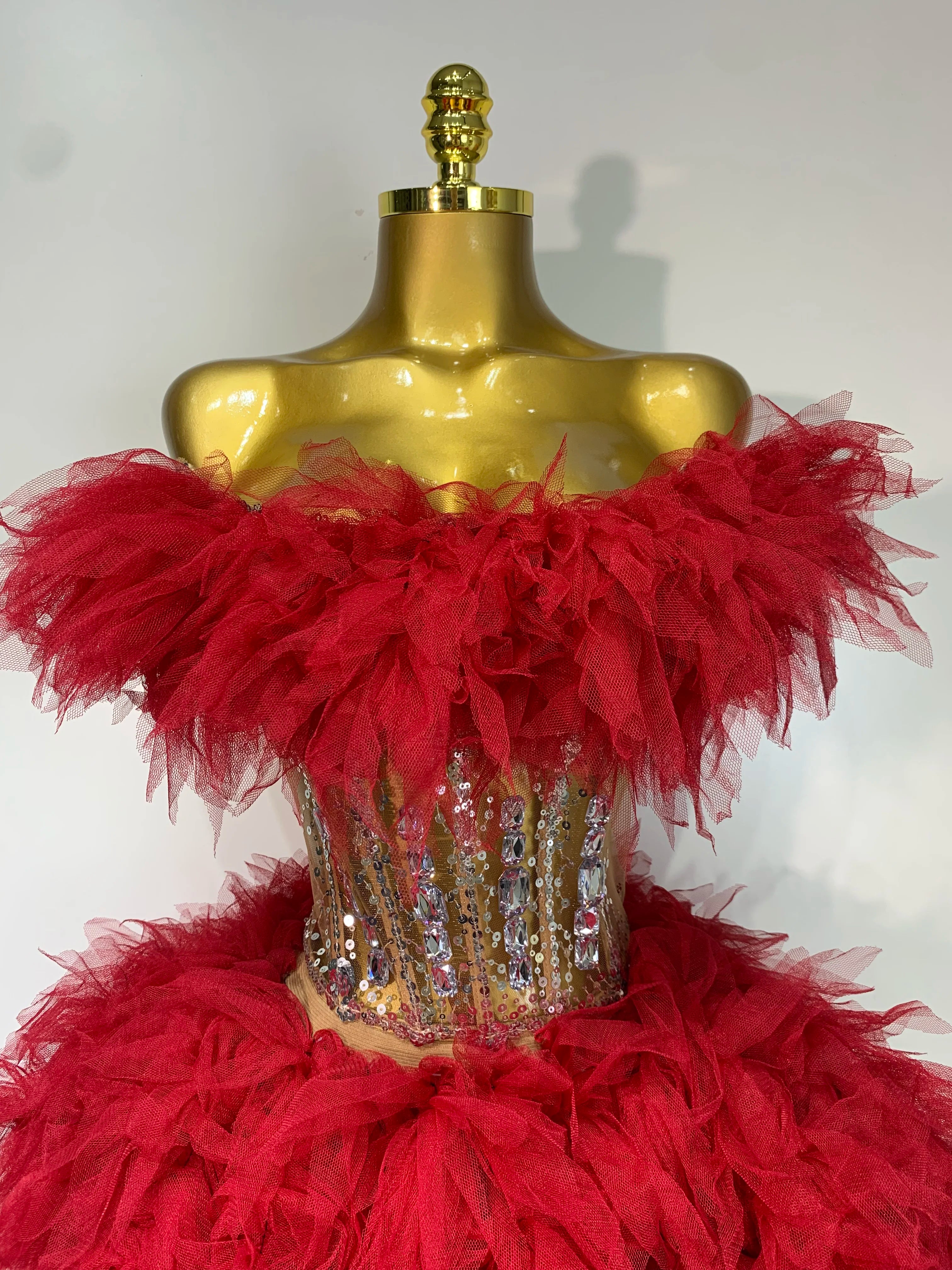Sexy Strapless Red Mesh Two Pieces Set Singer Nightlcub Party Stage Outfit Photo Shoot Prom Gown Luxury Birthday Dresses