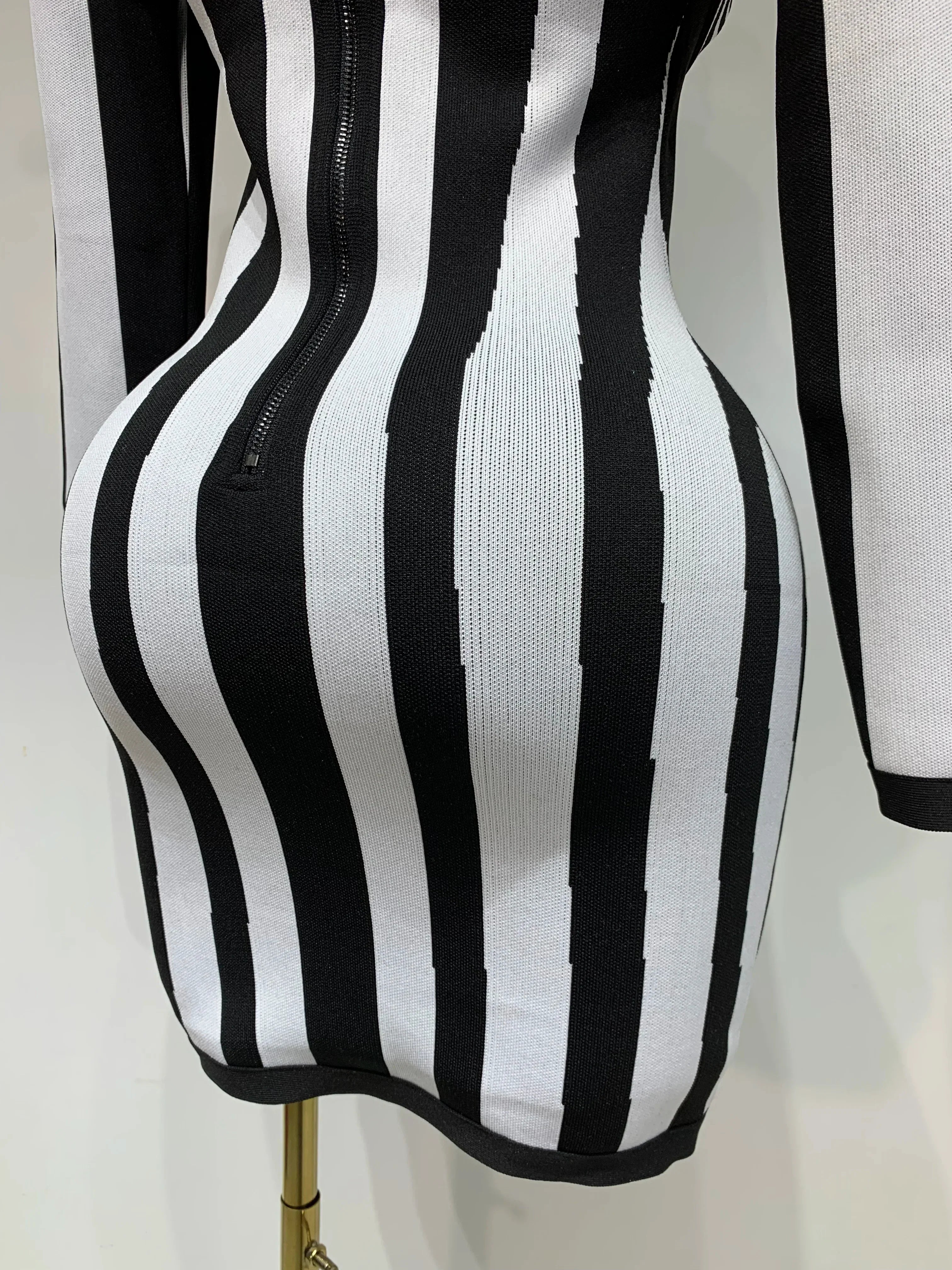 WomenLuxury Sexy Long Sleeve Stripe Black White Mini Bandage Dress  Knitted Celebrity Elegant Evening Club Birthday Dresses