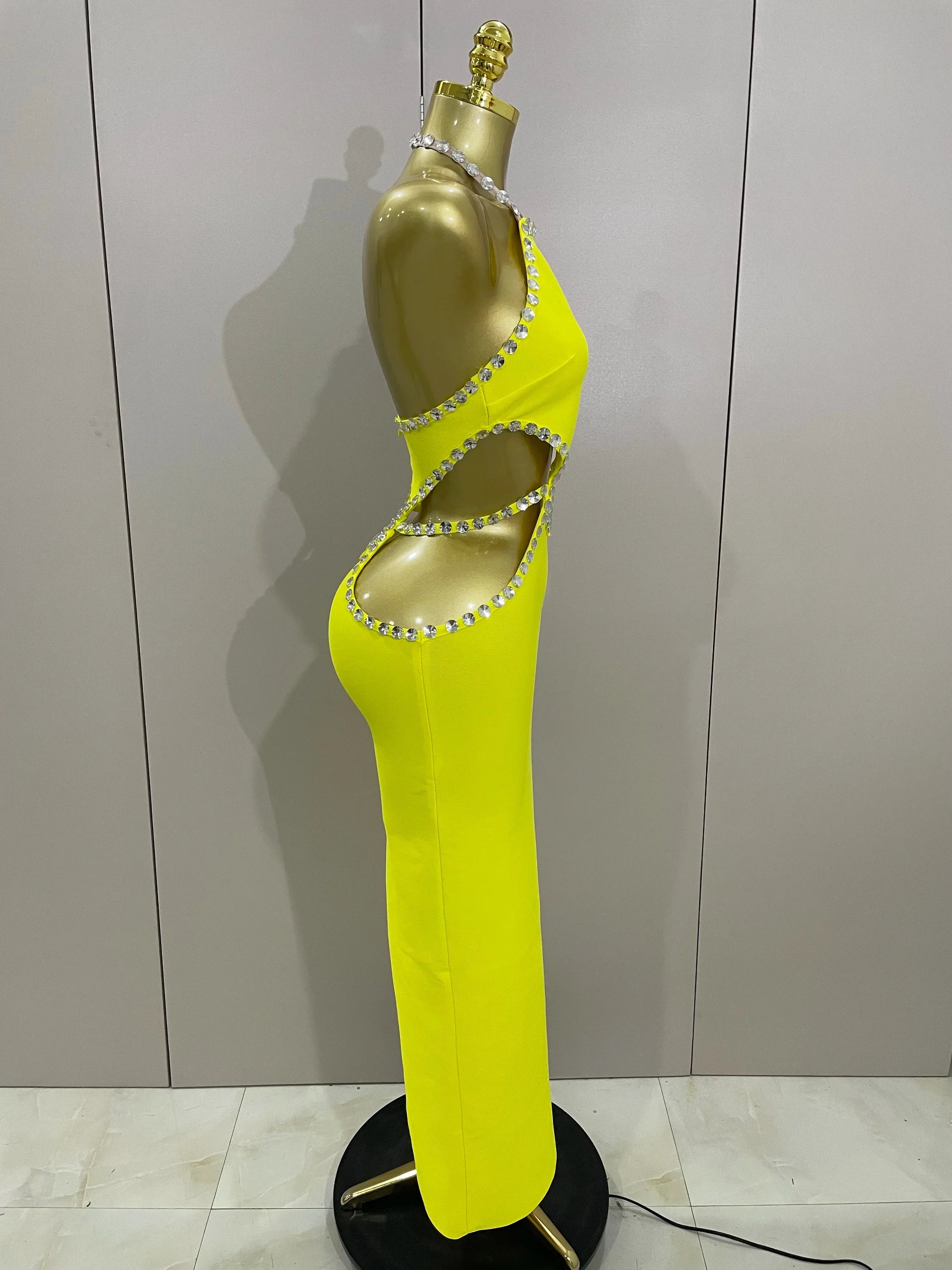 Luxury Sexy Backless Halter Beading Maxi Long Lemon Yellow Bandage Dress  Women Elegant Evening Club Birthday Party Dress