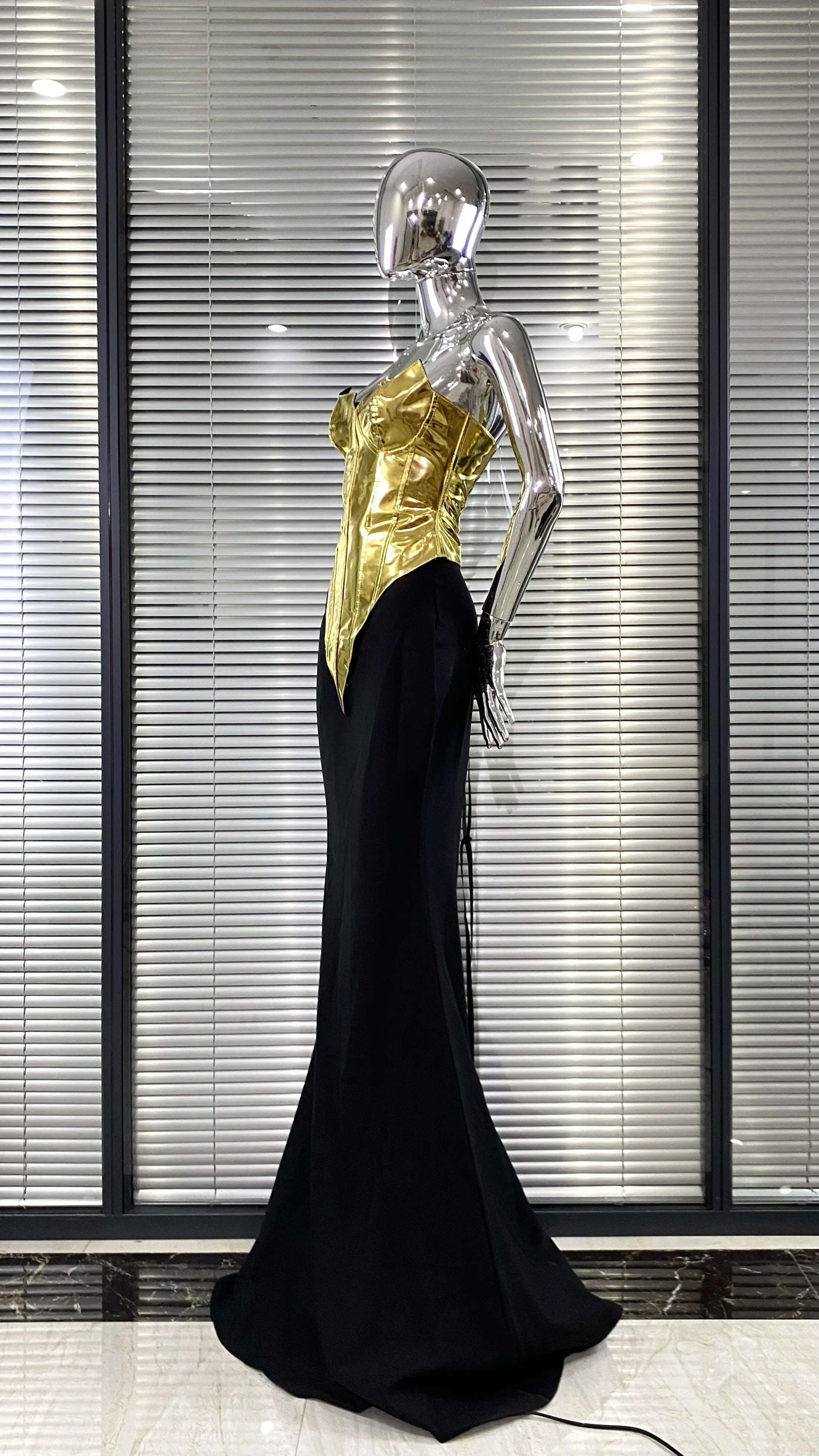 Women Sexy Gold Laced-up Tops Long Maxi Skirt Set Celebrate Evening Party Nightclub Fashion Cocktail Outfit Dress