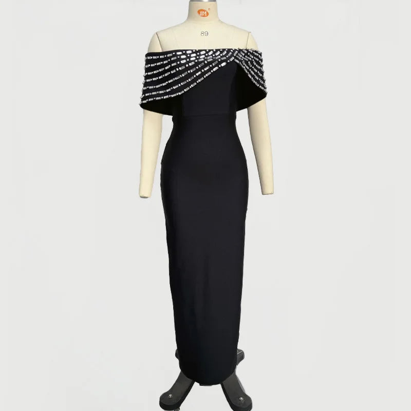 New Black Women Sexy Slash Meck Off the Shoulder Shinning Crystal Bodycon Long Bandage Dress Elegant Evening Party Dress