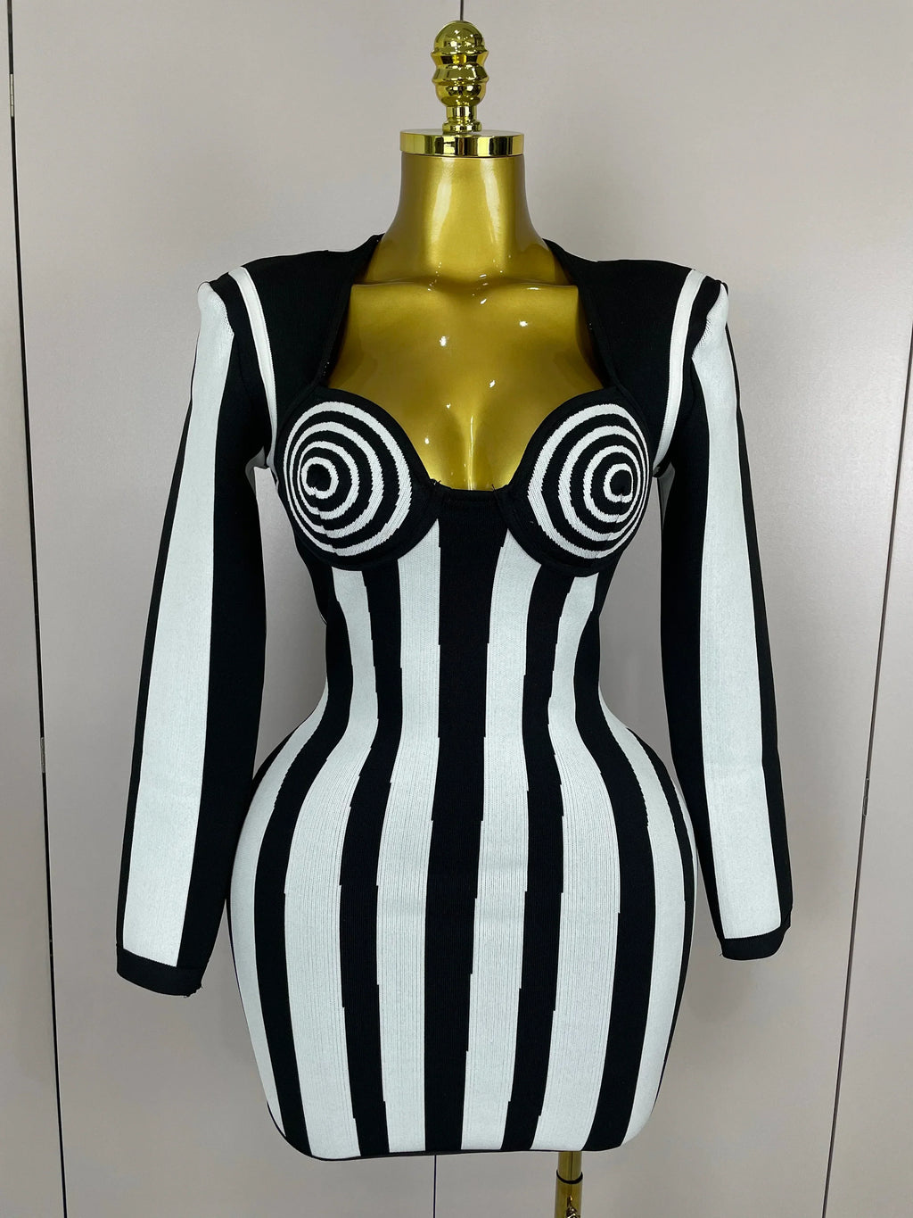 Luxury Sexy Long Sleeve Stripe Black White Mini Bandage Dress Women Knitted Celebrity Elegant Evening Club Birthday Dresses black