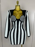 Luxury Sexy Long Sleeve Stripe Black White Mini Bandage Dress Women Knitted Celebrity Elegant Evening Club Birthday Dresses black