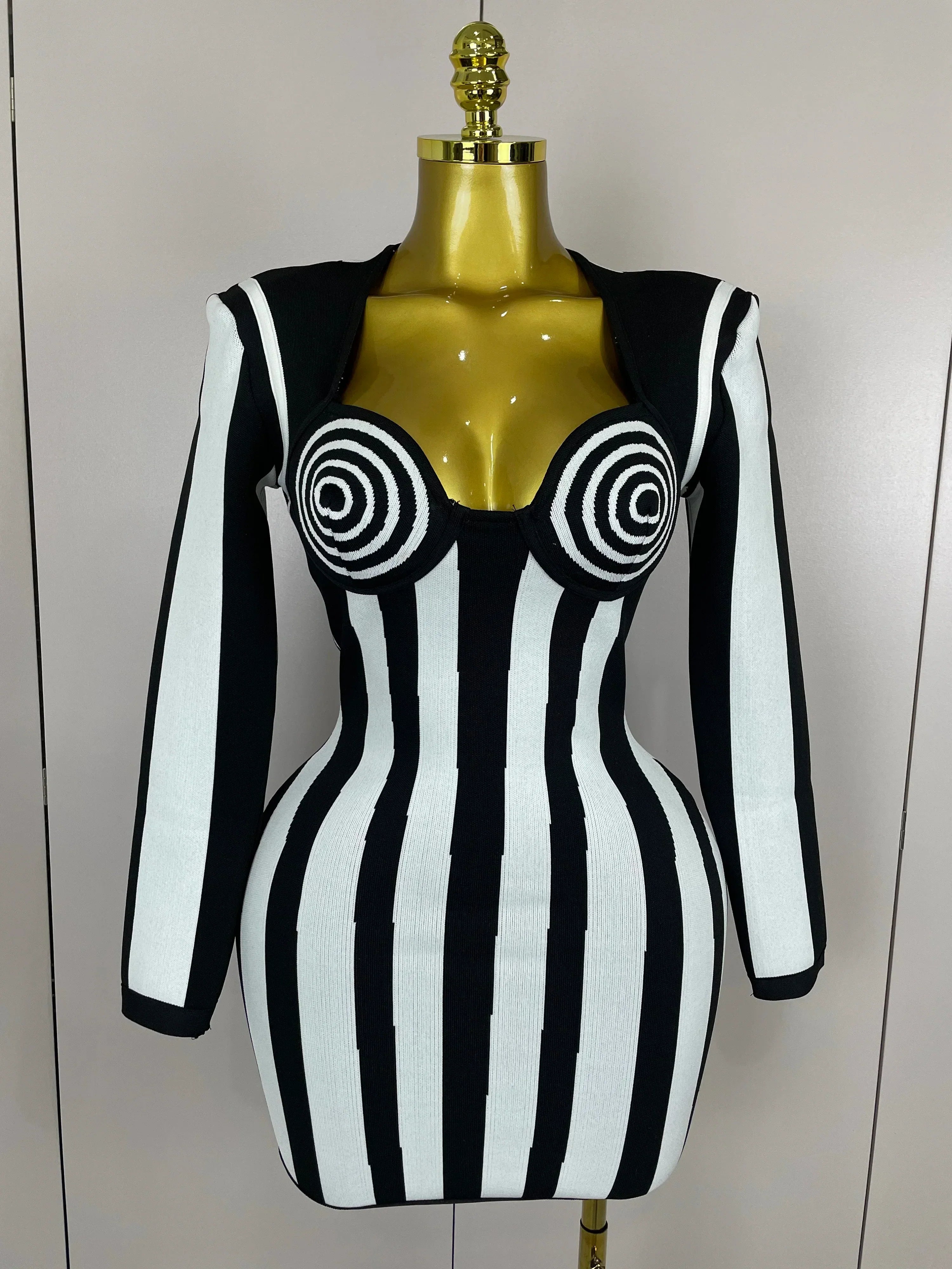 Luxury Sexy Long Sleeve Stripe Black White Mini Bandage Dress Women Knitted Celebrity Elegant Evening Club Birthday Dresses black