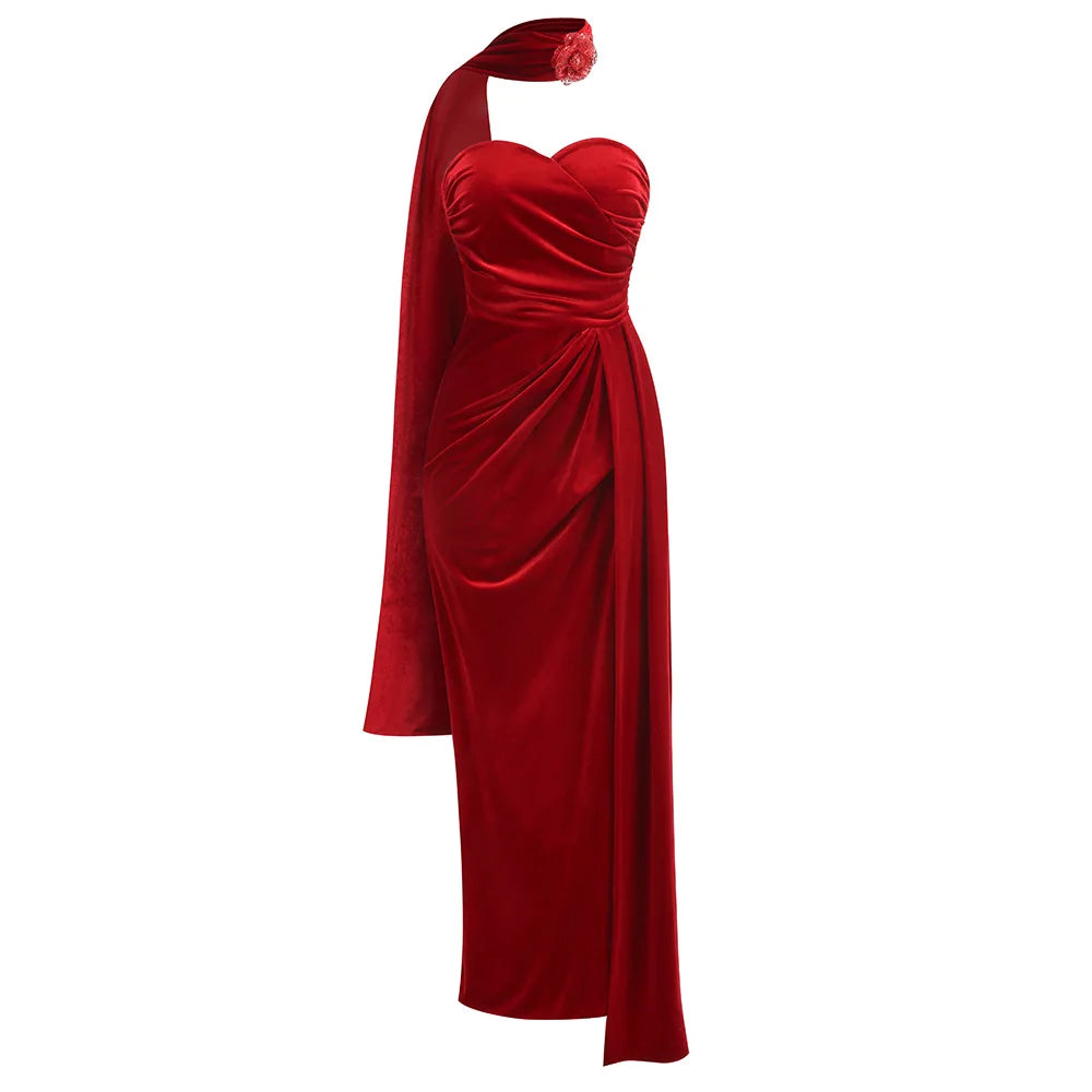 New Spring Women Sexy Strapless Velvet Bodycon Long Dress Celebrate Fashion Evening Party Cocktail Outfit